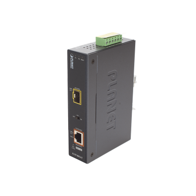 Convertidor de Medios PoE Industrial, Puerto SFP 1000BASE-SX/LX a Puerto RJ45 Gigabit con Salida PoE 802.3at (Hasta 30 W).