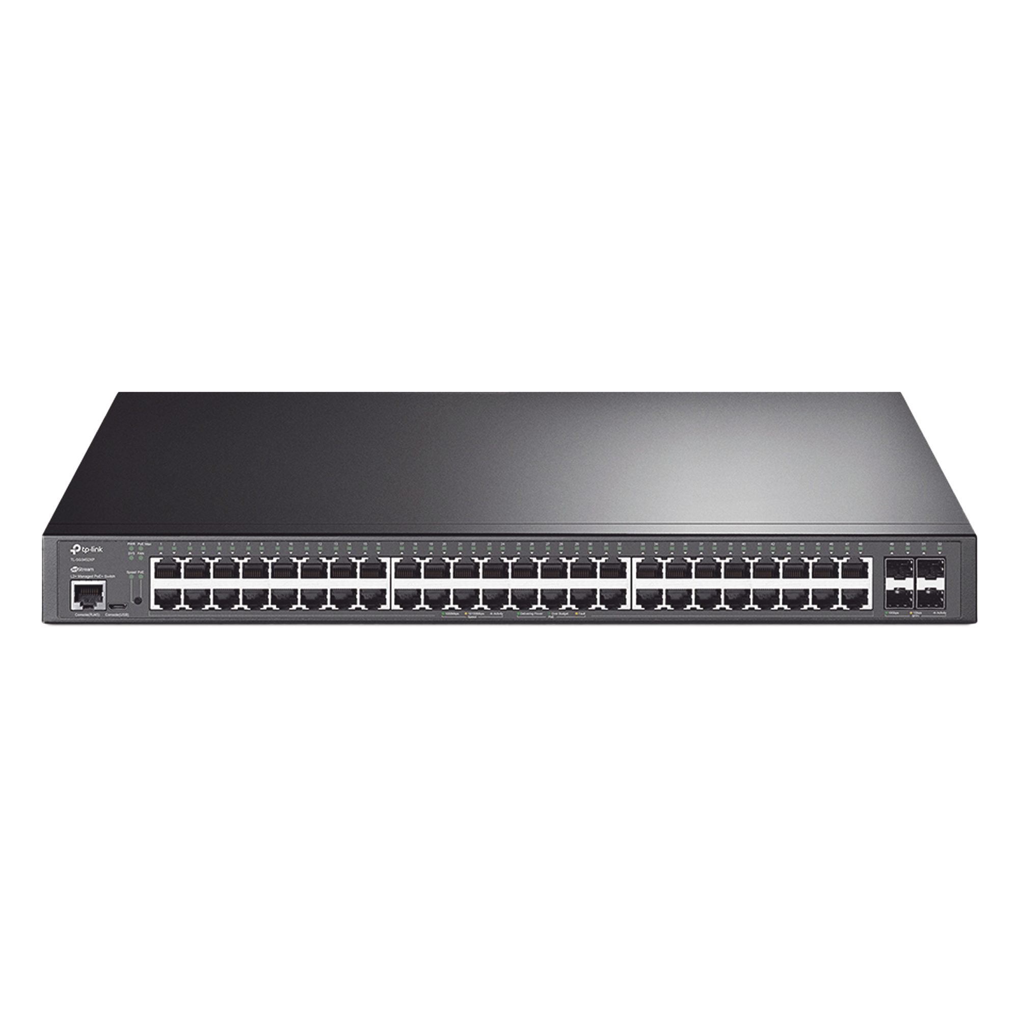 Switch L2+ PoE+ / 48 Puertos Gigabit PoE+ / 4 Puertos SFP+ 10G / Presupuesto PoE 500W / Rendimiento 176 Gbps / Montaje en Rack — TP-LINK · SKU TL-SG3452XP