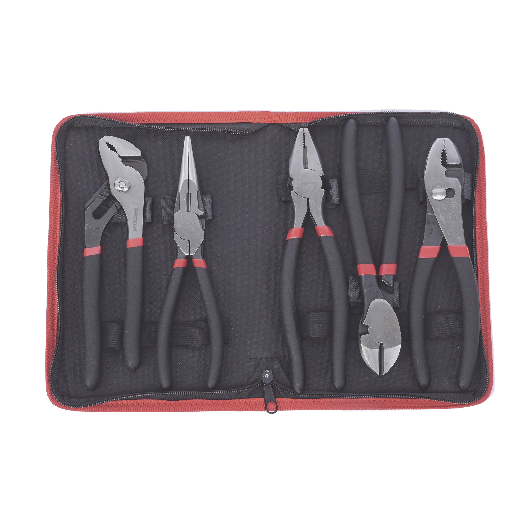 Juego de 5 Pinzas de 8" con Estuche. Incluye: P. Mecánica, P. para Tubo, P. Eléctrica, P. Corte, Nariz Larga. — PRECISION · SKU PST-H010-03