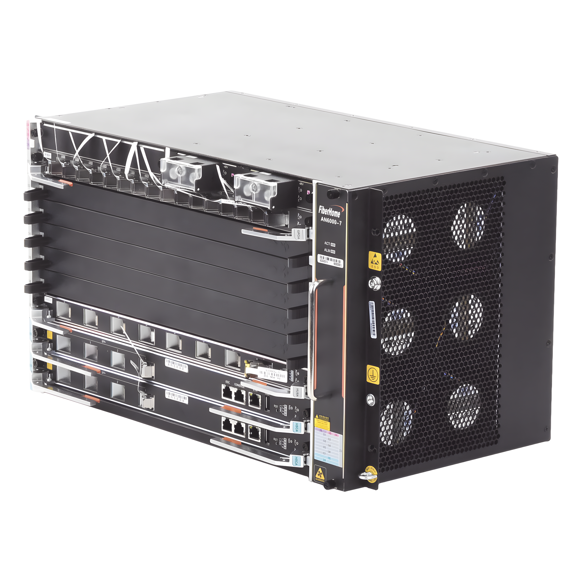 OLT Carrier Class Modular GPON, 6 Ranuras de Servicio, Incluye 1 Tarjeta de Servicio 16 puertos GPON, crecimiento hasta 96 puertos GPON, 6 UR, Gestión por UNM2000, CLI, (Incluye Instalación de software UNM2000) — FIBERHOME · SKU AN6000-7
