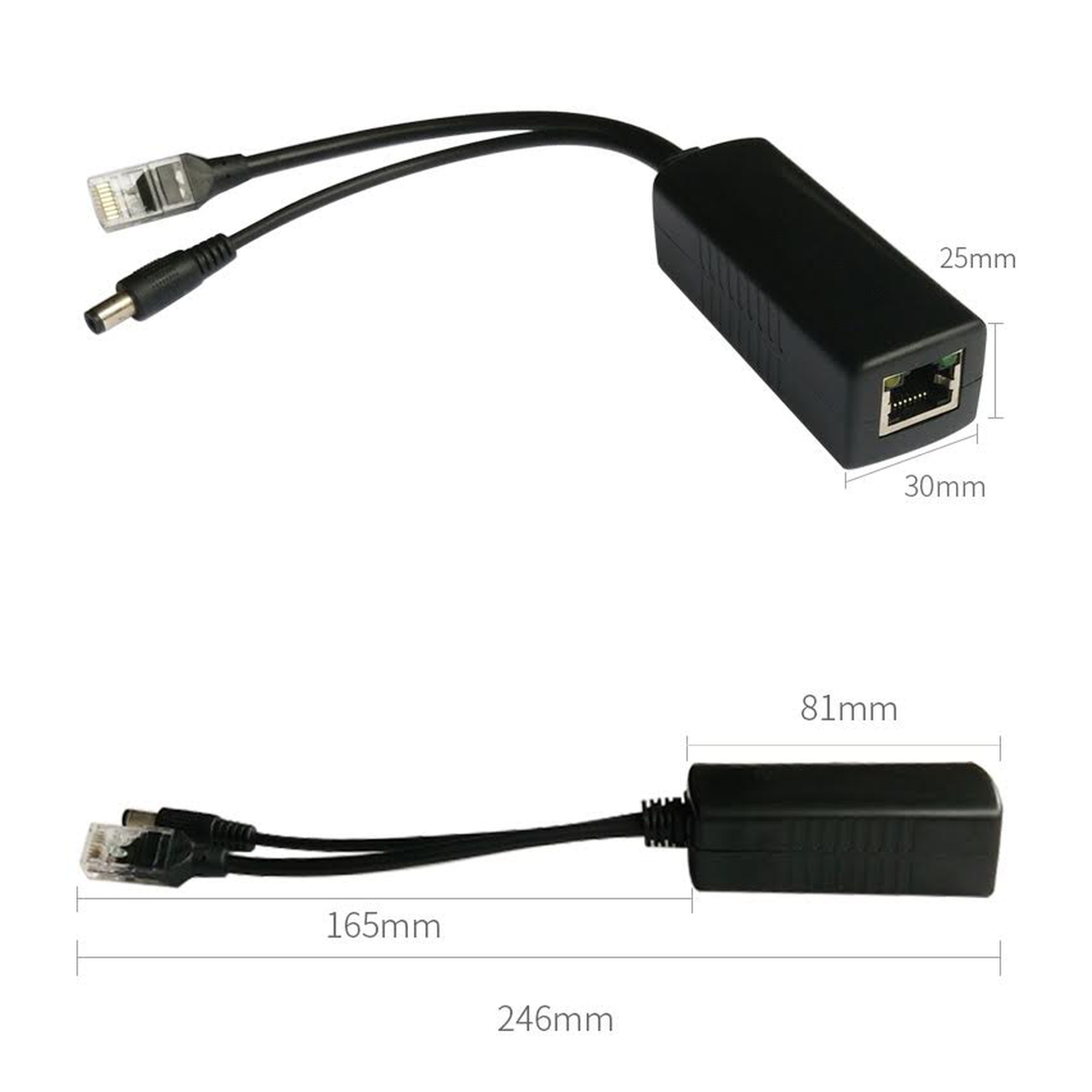 Cable divisor PoE pasivo de 48-55 Vcc @ 12 Vcc, 2 A. Aplicaciones como adaptar micrófonos en cámaras IP