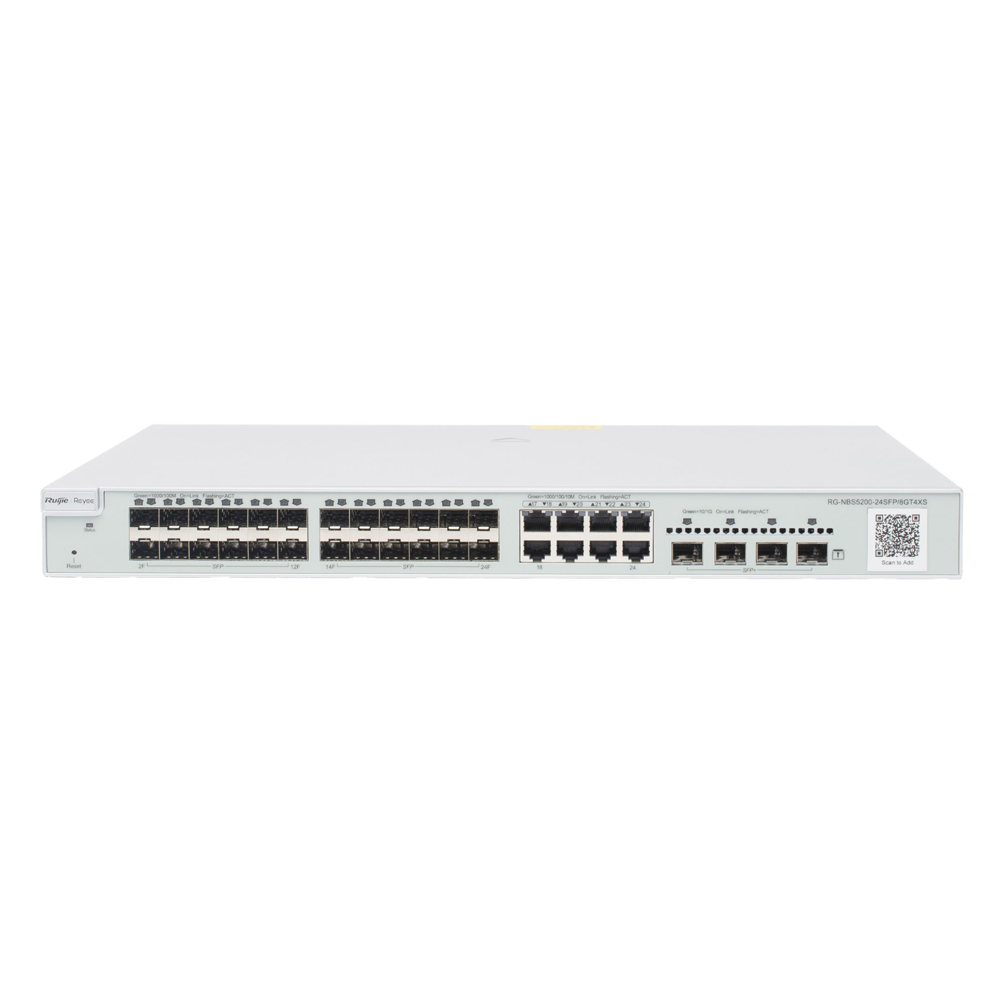 Switch administrable Capa 3, 24 puertos SFP 1G, 8 puertos Ethernet 1G Combo y 4 SFP+ 10G, gestión remota en la nube — RUIJIE · SKU RG-NBS5200-24SFP/8GT4XS
