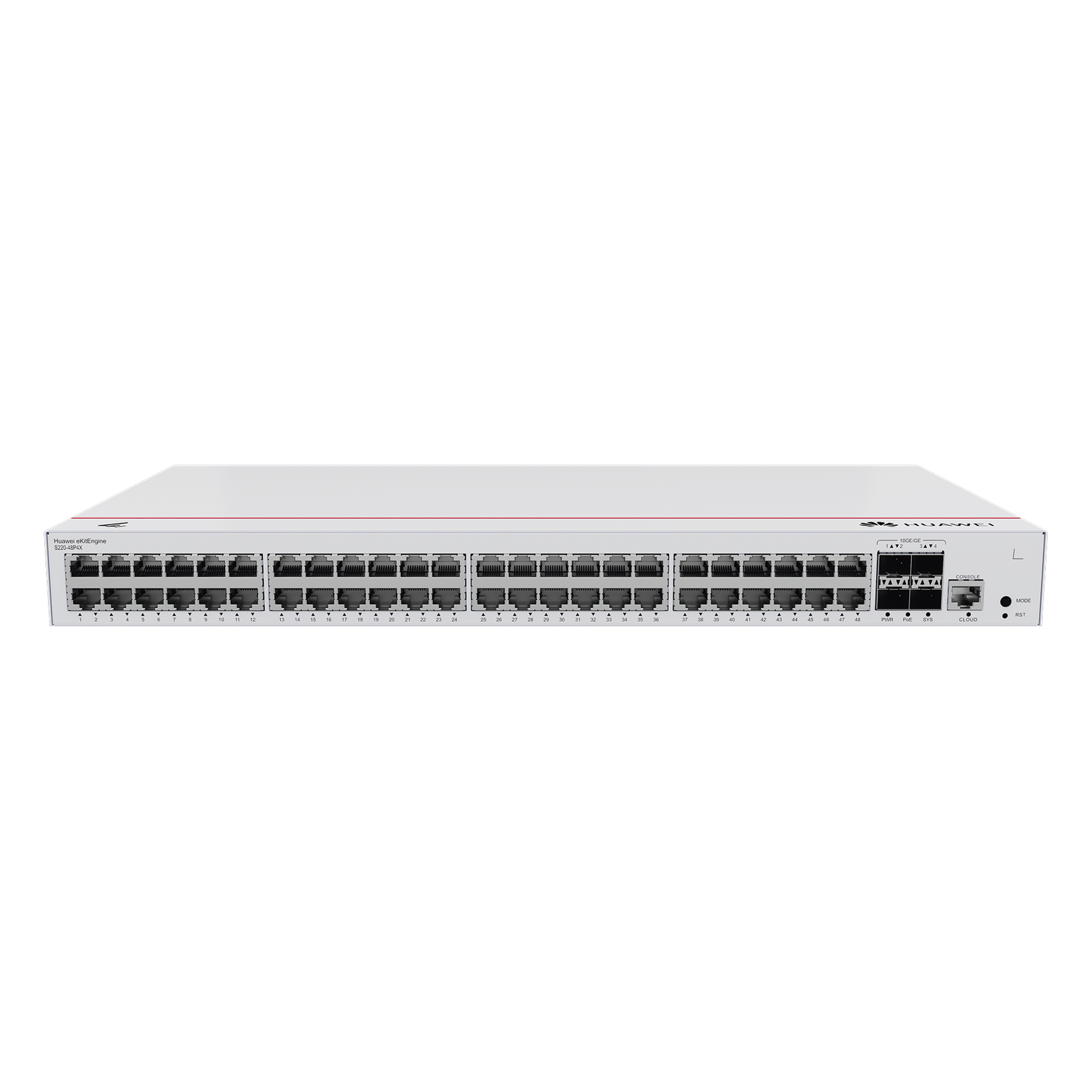 Switch de Acceso Gigabit Administrable PoE Capa 2 / 48 puertos 10/100/1000 Mbps (PoE) / 4 Puertos 10GE SFP+ Uplink / ERPS / IMGP Snooping / DHCP Snooping / PoE Perpetuo / 380W / Administración Nube Gratis — HUAWEI · SKU S220-48P4X