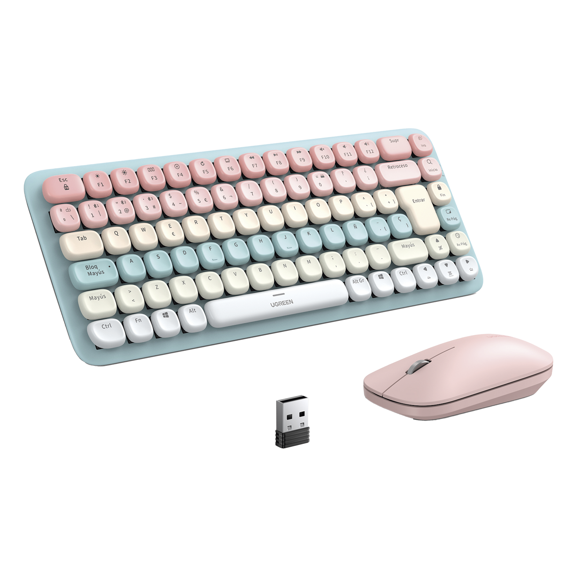 Paquete de Teclado y Mouse | 85 teclas en Español | Bluetooth y 2.4GHz | Mouse Ambidiestro | Sensor de DPI ajustable | Efectos de Iluminación del Teclado | Amplia compatibilidad | Color Rosa.