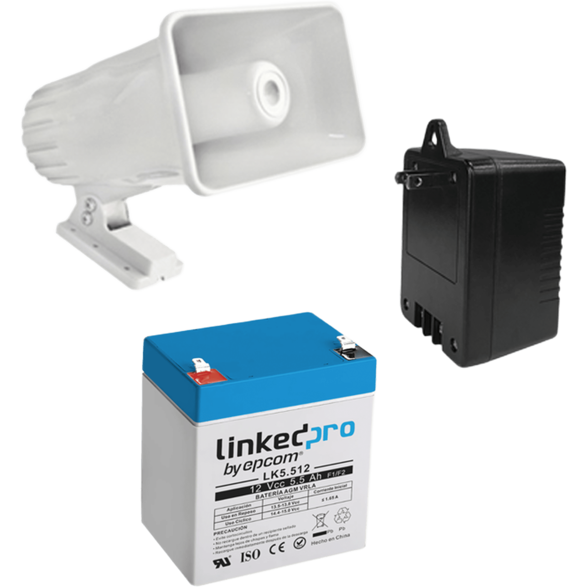 Kit de accesorios con Bateria 5.5 Ah, Transformador 16.5Vca y sirena de 30 watts