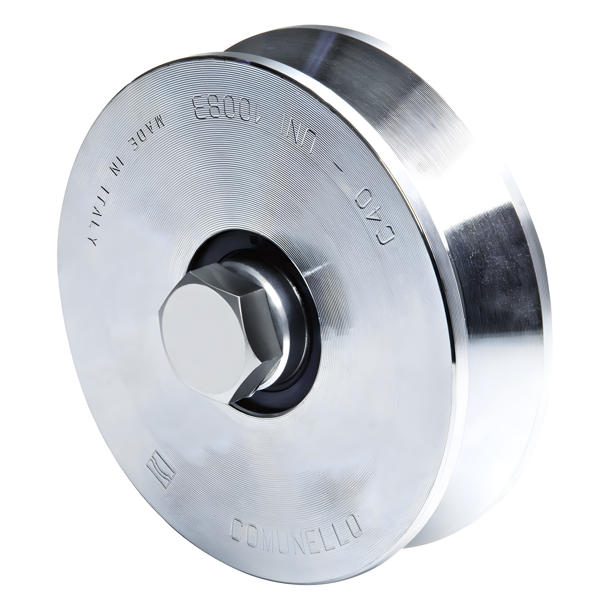 Rueda de 12 cm SIN Soporte Para Puertas Corredizas de Hasta 450 Kg / Canal Tipo "V" — COMUNELLO · SKU 1150-2050-001