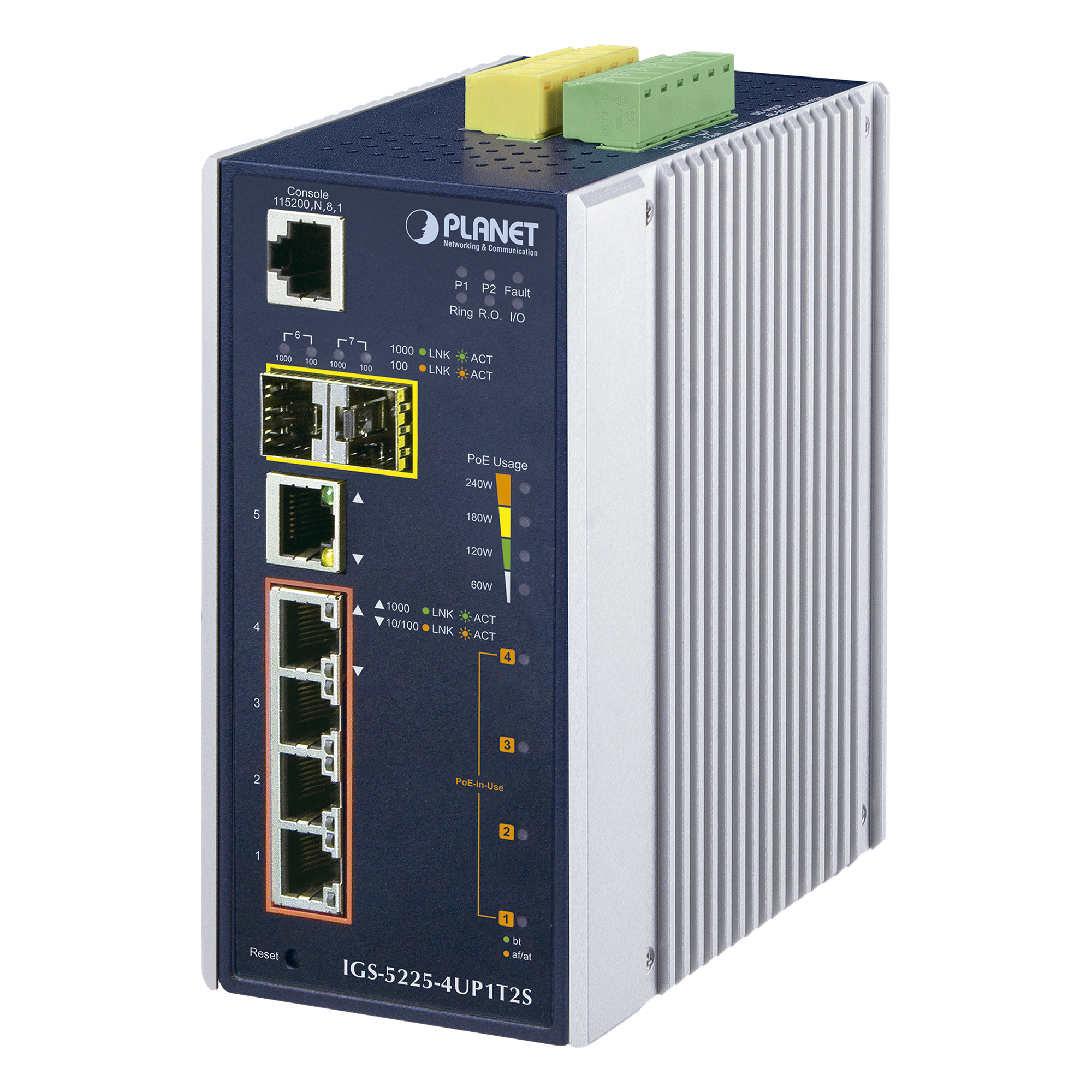 Switch Industrial Administrable 4 Puertos Gigabit c/Ultra PoE 802.3af/at, 2 Puertos SFP — PLANET · SKU IGS-5225-4UP1T2S