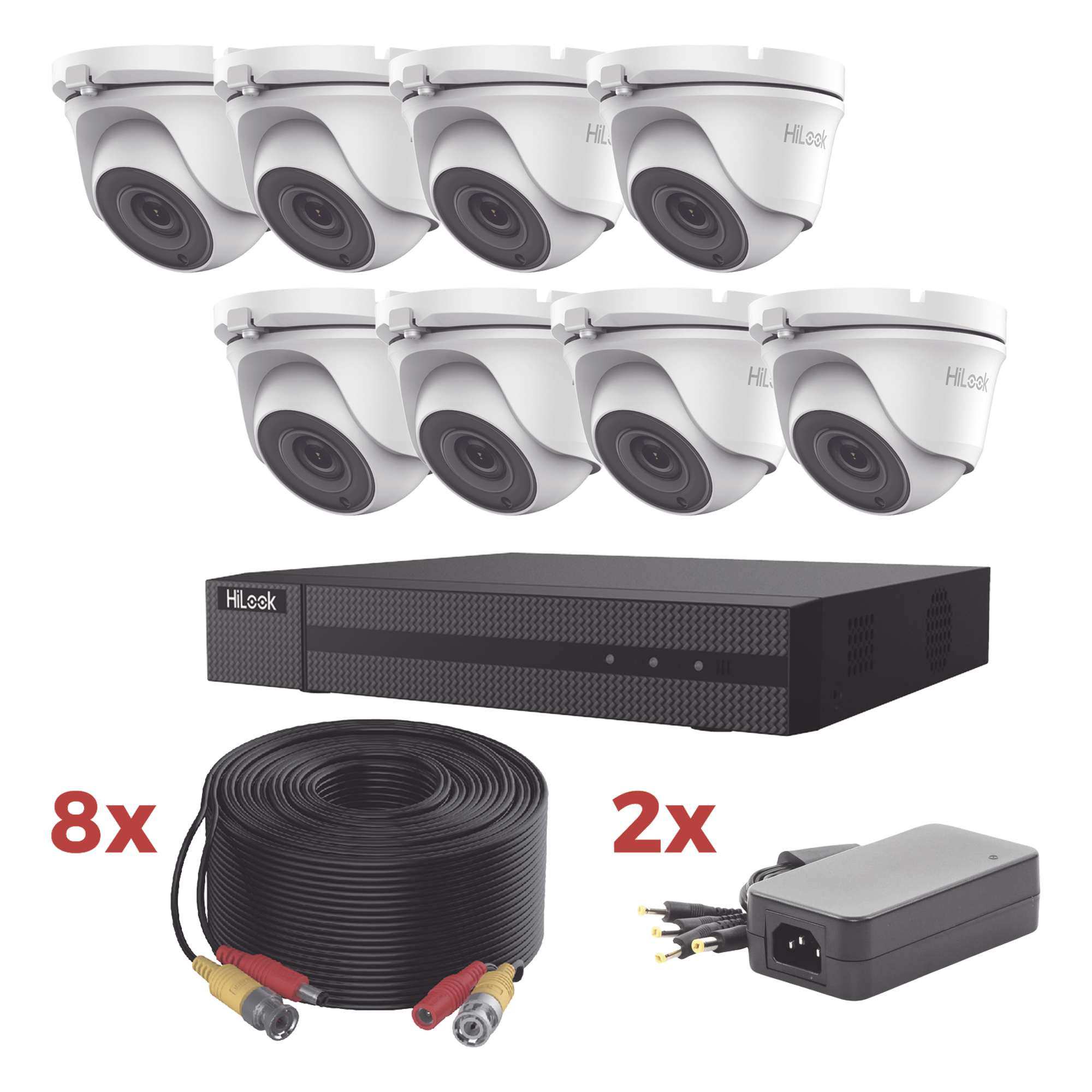 Kit TurboHD / DVR 8 Canales 1080p Lite / 8 Cámaras turret 1080p metalicas / 8 cables de 20 metros / 2 fuentes de 4 canales — HiLook by HIKVISION · SKU HL1080P8E