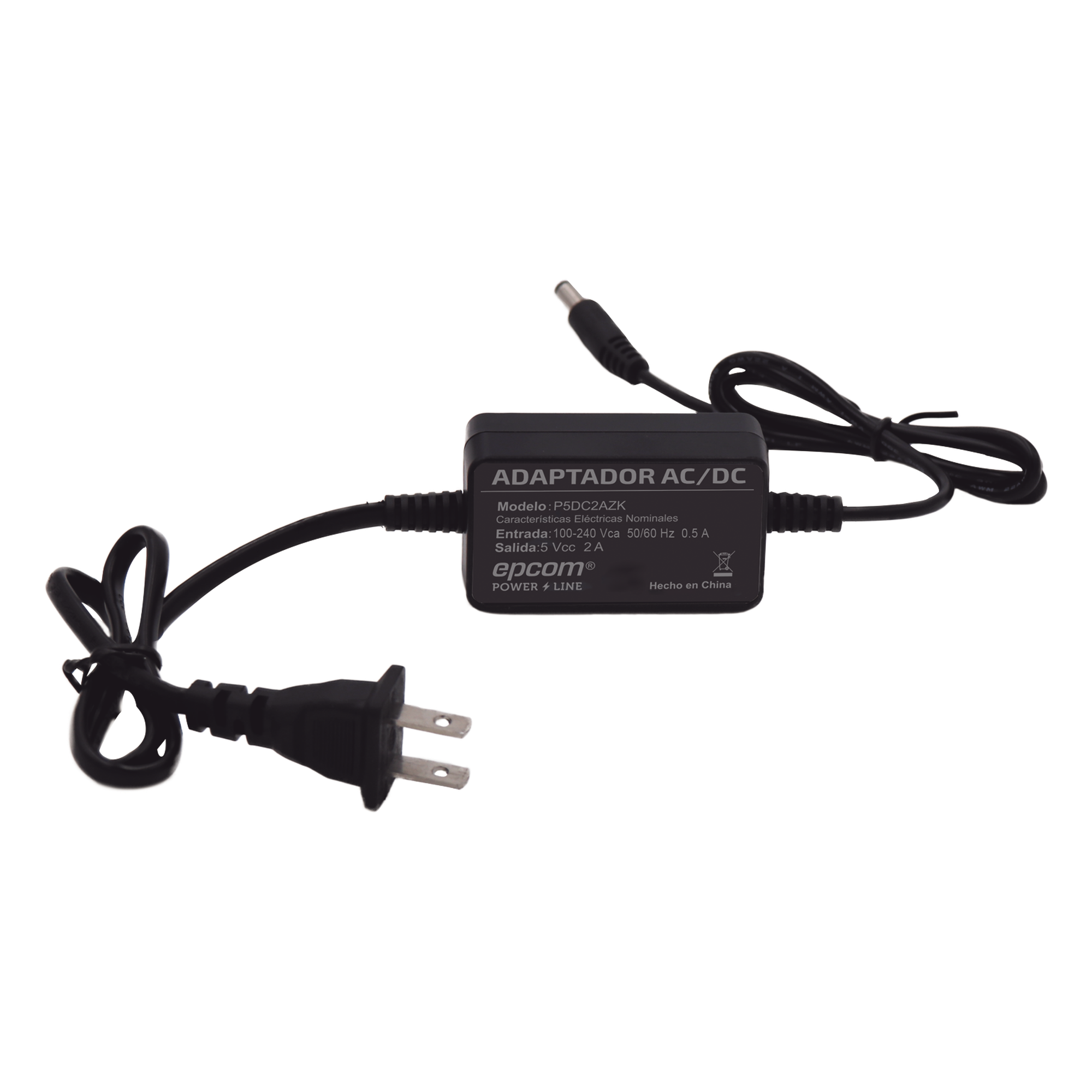 Adaptador 5 Vcc / 2A / UL / Voltaje de Entrada de 100-240 Vca / Para uso, solo en lectores biométricos de 5 Vcc de la marca ZK — EPCOM POWERLINE · SKU P5DC2AZK