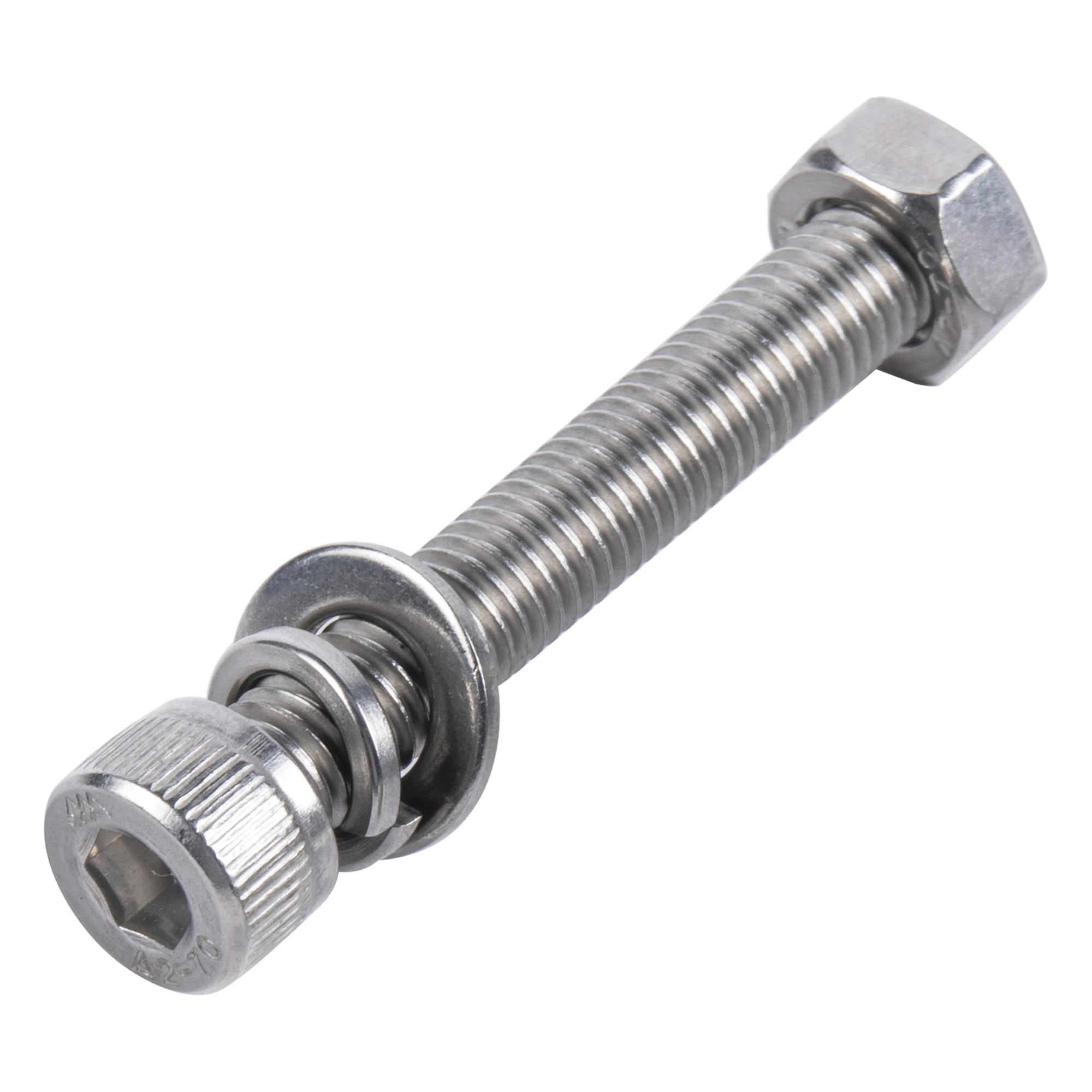 1 Tornillo Allen Milimétrico de Acero Inoxidable M8-1.25 x 16 / Con 1 Tuerca, 1 Arandela de Presión y 1 Plana / Para Montajes de Módulos Foto Voltaicos. — DMT · SKU 950-5080-164