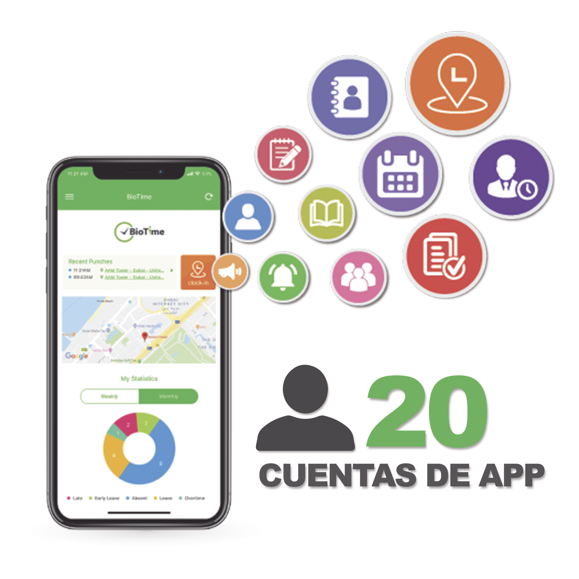 Licencia para realizar checadas de asistencia desde Smartphone (APP) con envío de fotografía y ubicación por GPS / Compatible con BIOTIMEPRO / Licencia para 20 usuarios — ZKTECO · SKU BIOTIMEAPP20