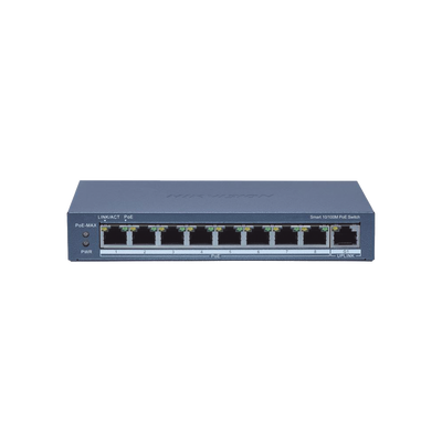 Switch Administrable PoE+ / 8 puertos 100 Mbps PoE+ / 1 puerto 1000 Mbps de Uplink / PoE hasta 300 Metros / Conexión Remota desde Hik-ParnerPro / 110 W — HIKVISION · SKU DS-3E1309P-EI(B)