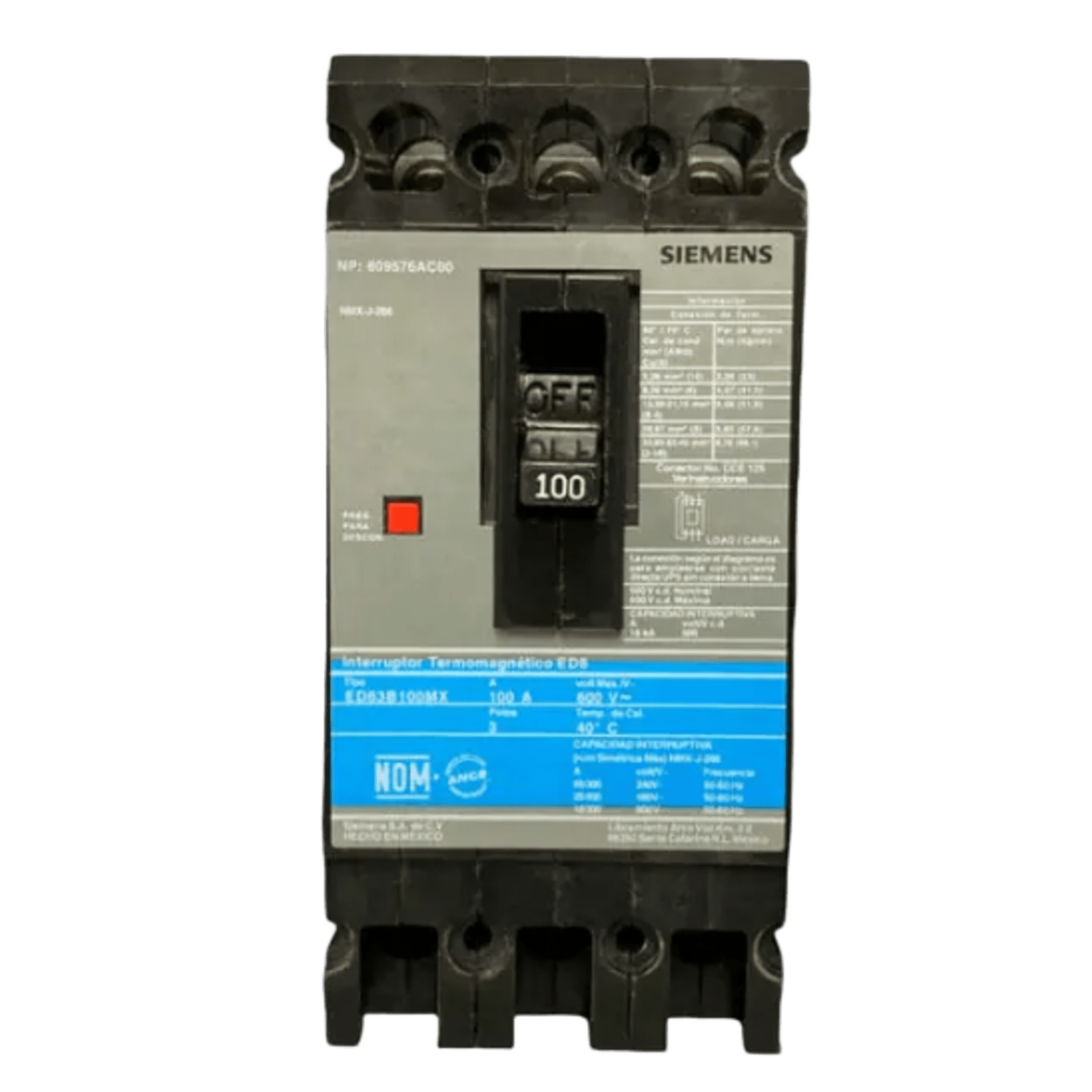 Interruptor Termomagnético ED6 600V 3X100A, Sin zapatas principales. — SIEMENS · SKU ED63B100MX