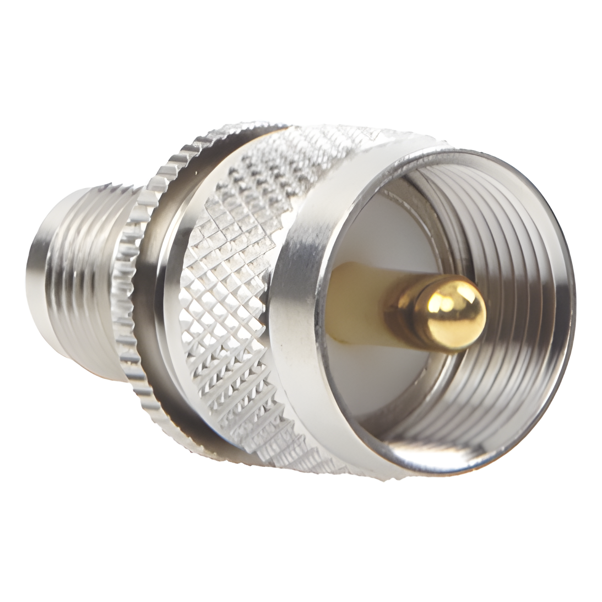 Adaptador en Línea de Conector TNC Hembra a UHF Macho (PL-259), Níquel/ Oro/ Teflón. — RF INDUSTRIES,LTD · SKU RFT-1236