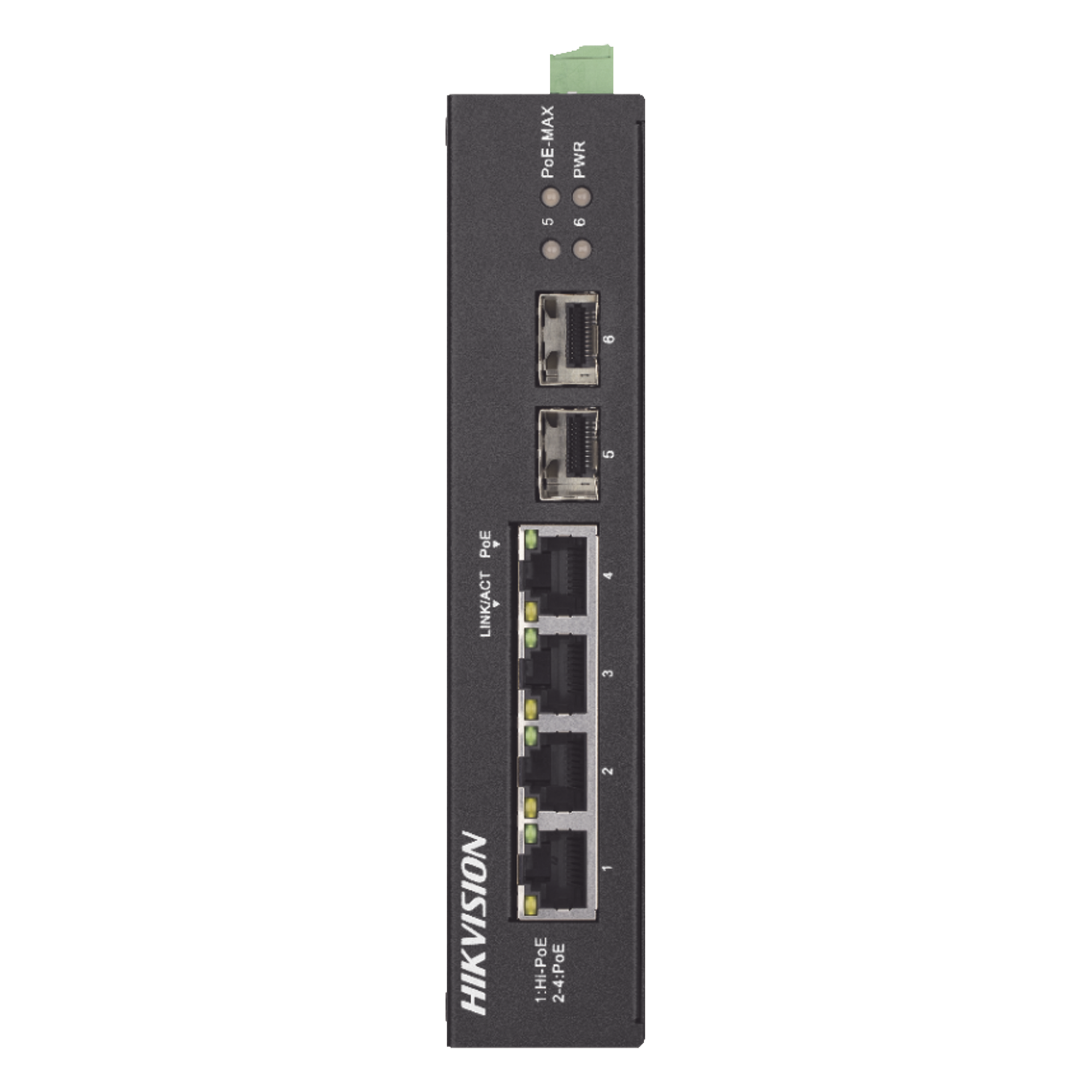 Switch Industrial No Administrable Gigabit / 3 Puertos Gigabit PoE+ (30 W) + 1 Puerto Gigabit PoE++ (60 W) / 2 Puertos SFP / 65 W Total / 48 a 57 VCD / Ideal para Proyectos / 300 Metros de Distancia — HIKVISION · SKU DS-3T0506HP-E/HS
