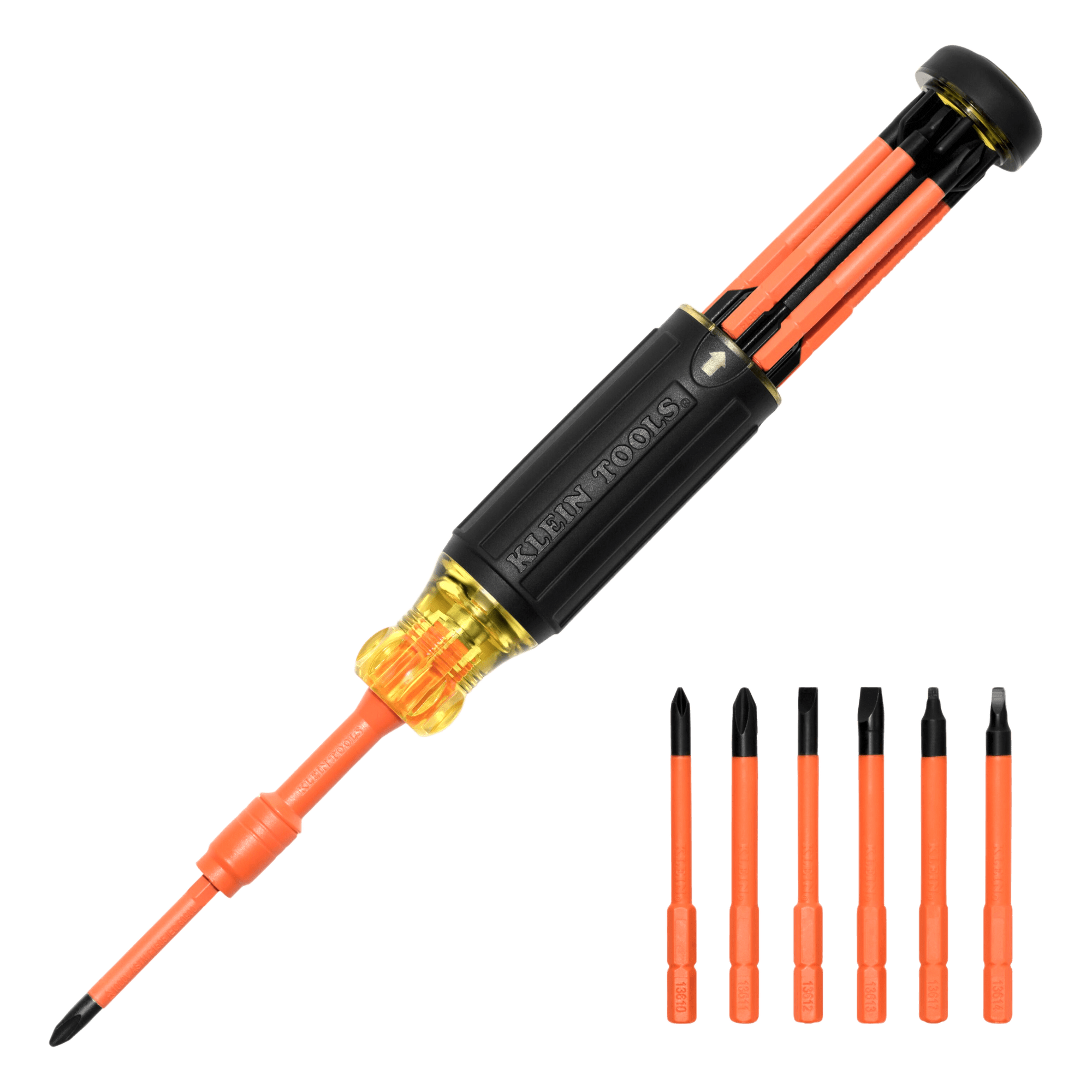 Destornillador Aislado 6-en-1 Auto-Lock / Aislado 1000V CAT III / Almohadilla de agarre / Almacenamiento de brocas integrado / Bits Philips #1 #2 / Slotted 3/16" 1/4" / Square #1 #2 — KLEIN TOOLS · SKU 32306-INS