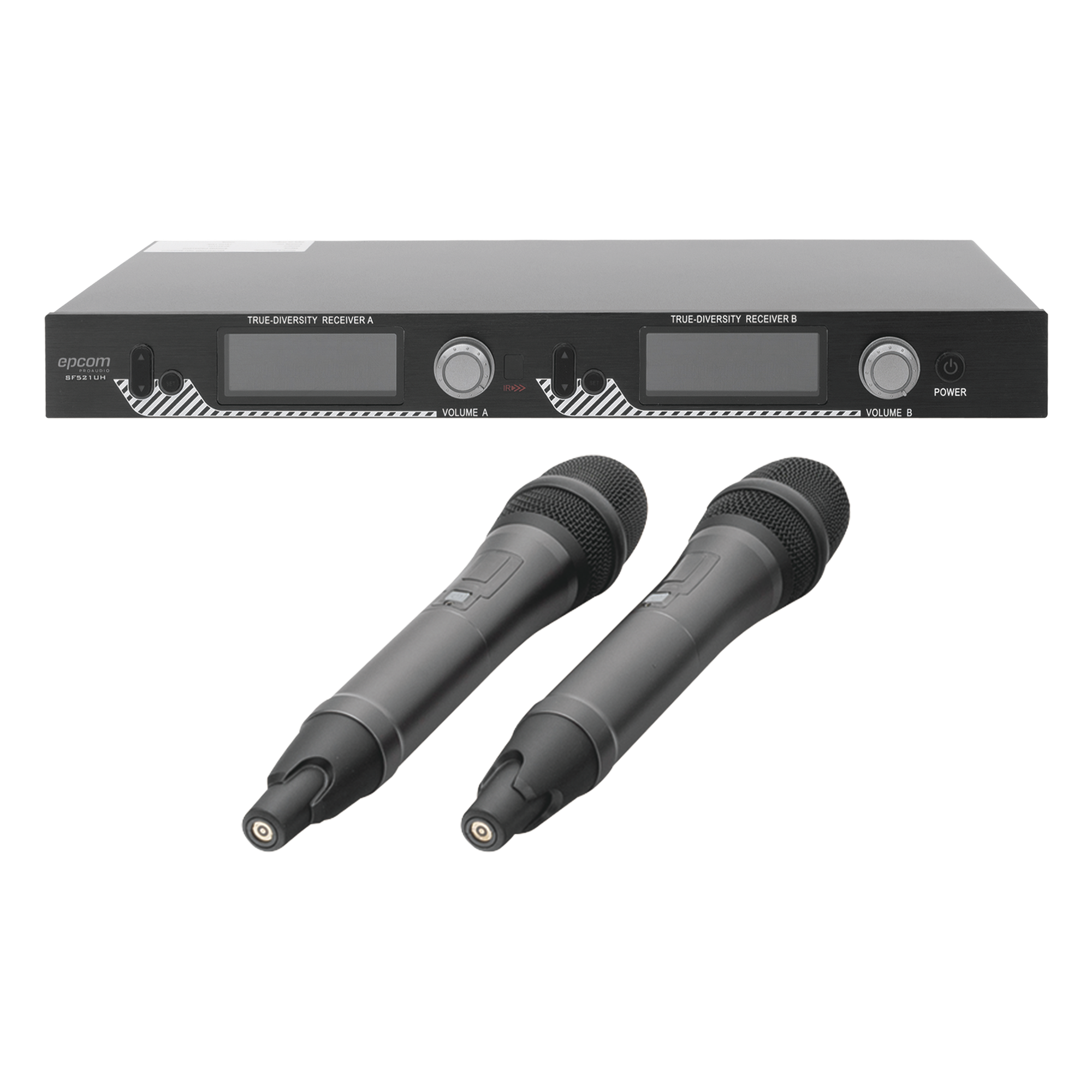 Kit de Microfonía inalámbrico | 2 Micrófonos de mano | Receptor UHF | Pantalla LCD | 200 Canales | Gran cobertura — EPCOM PROAUDIO · SKU SF-521UH