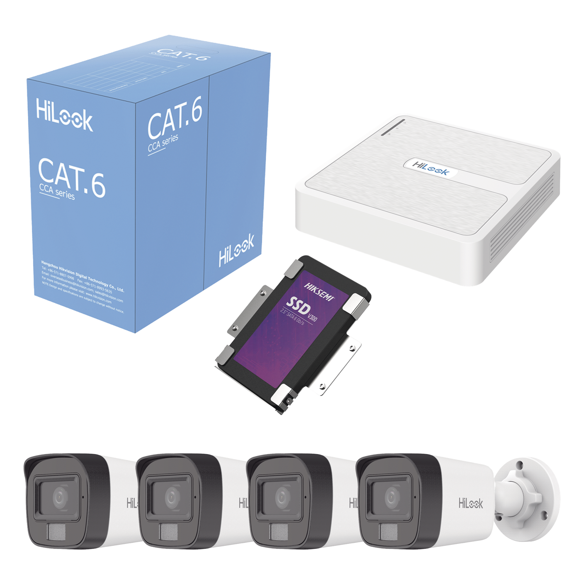 Kit IP 2 Megapixel / NVR de 8 Canales con 8 Puertos PoE / 4 Cámaras IP Bala para Exterior / Micrófono Integrado / Bobina de Cable de 305 mts / SSD 1 TB — HiLook by HIKVISION · SKU KIPH4B/SSD1TB