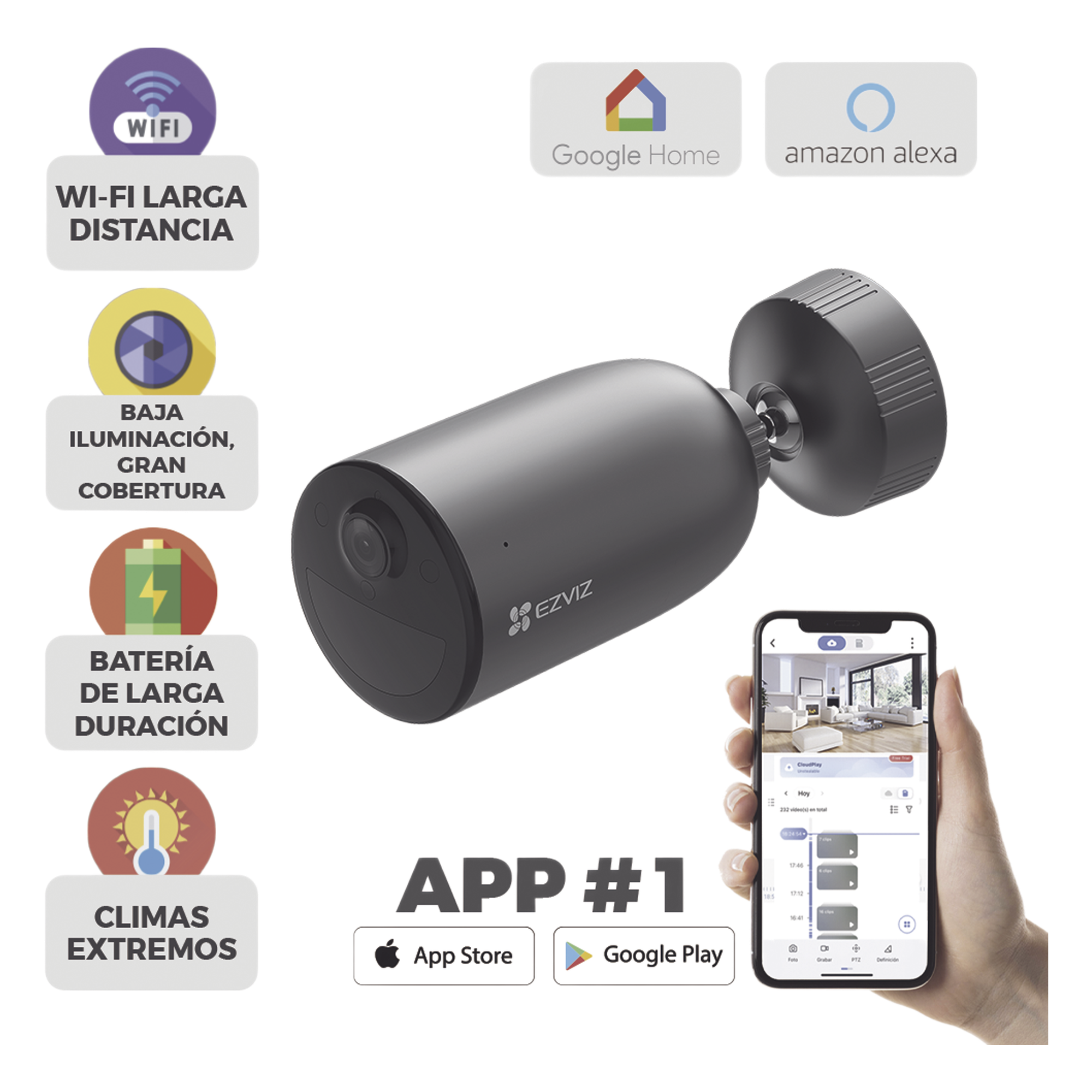 Cámara Bala IP / 2K 3 Megapixel / Batería Recargable 7800 mAh / Visión Nocturna Color 15 m (49.2 ft) / Wi-Fi 2.4 GHz / IP66 — EZVIZ · SKU CS-EB3