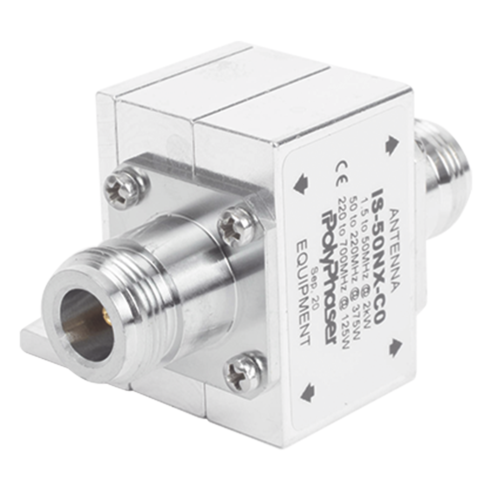 Protector Coaxial RF / 1.5-700 MHz / 50 Ω / Conectores N Hembra / Ceja Lateral / 2 kW — POLYPHASER · SKU IS-50NX-CO