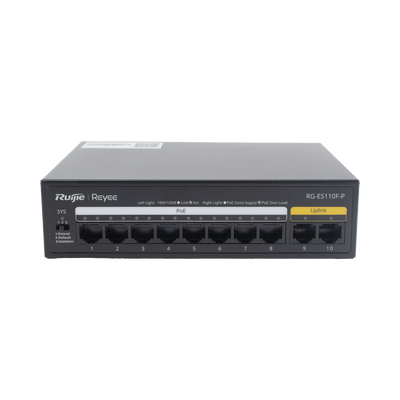 Switch PoE+ no Administrable, Hasta 110 Watts, 8 puertos PoE+ y 2 Uplinks 10/100