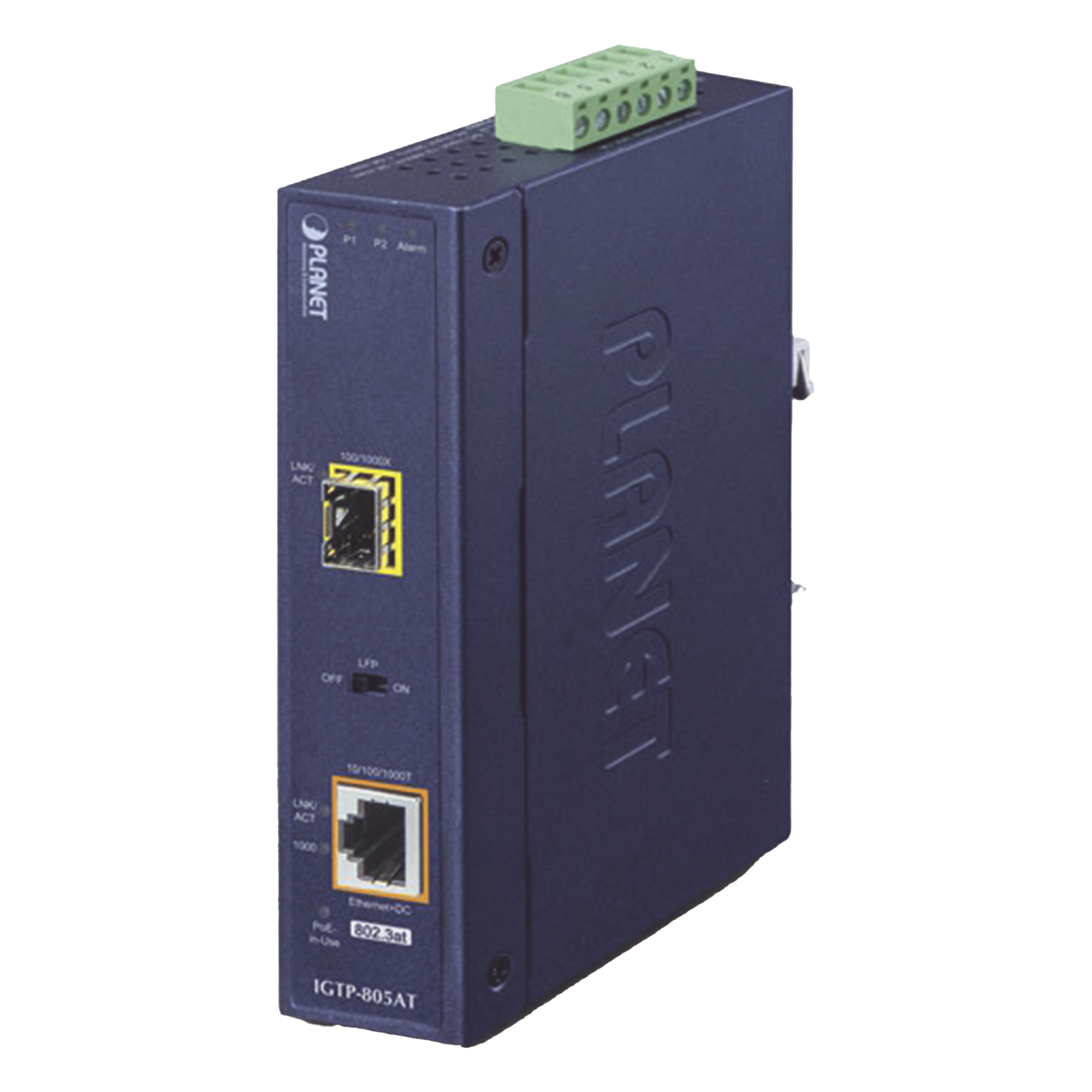 Convertidor de Medios PoE Industrial, Puerto SFP 1000BASE-SX/LX a Puerto RJ45 Gigabit con Salida PoE 802.3at (Hasta 30 W). — PLANET · SKU IGTP-805AT