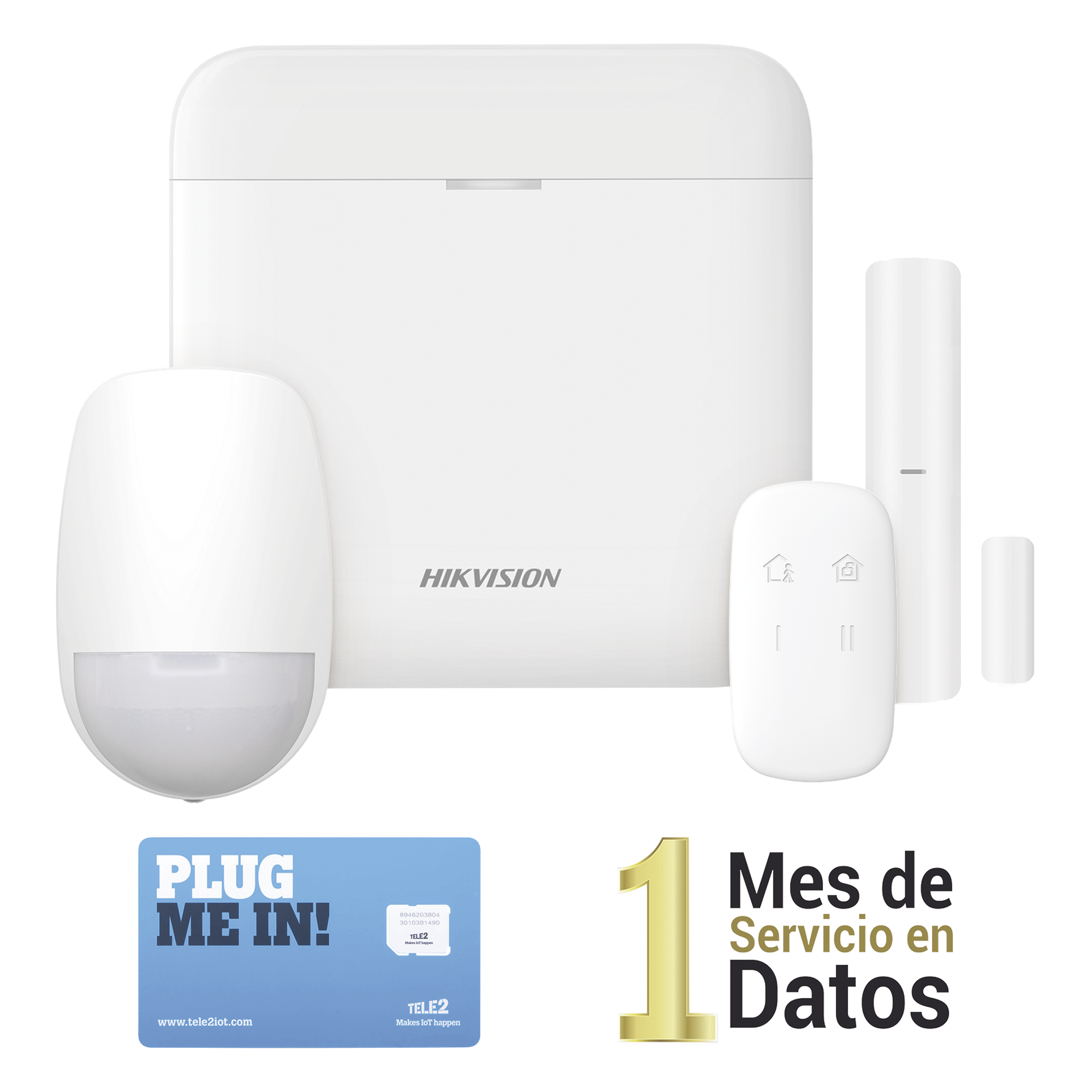 (AX PRO) KIT de Alarma AX PRO con GSM (3G/4G) / Incluye: 1 Hub con bateria de respaldo / 1 Sensor PIR / 1 Contacto Magnético / 1 Control Remoto /1 MICROSIM30M2M incluye 1 mes de servicio/ Wi-Fi / Compatible con Hik-Connect P2P — HIKVISION · SKU DS-PWA48-KSD