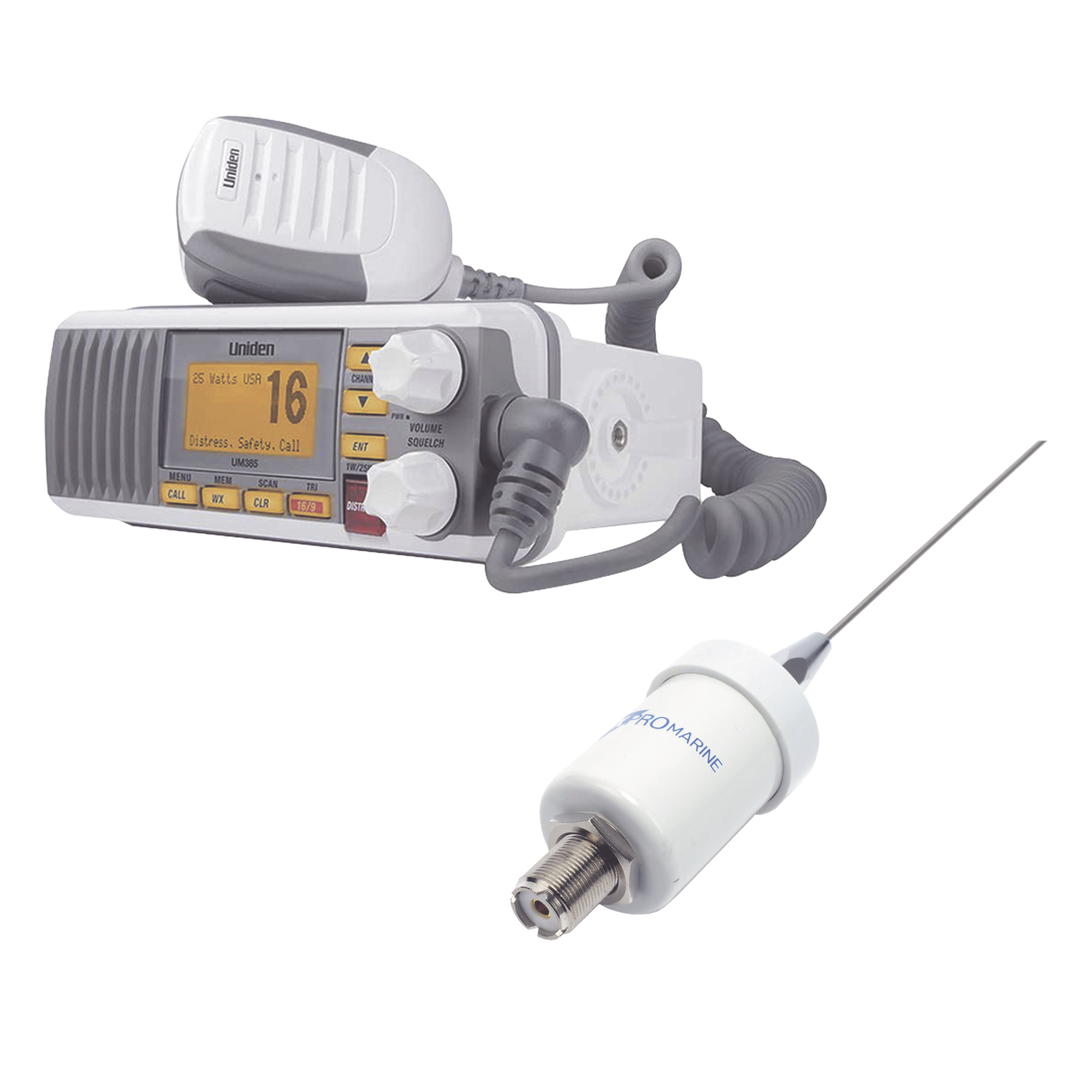 Kit de radio UM385 | mas antena marina de fibra de vidrio TX-1600-SYS — UNIDEN · SKU UM385/KIT1600