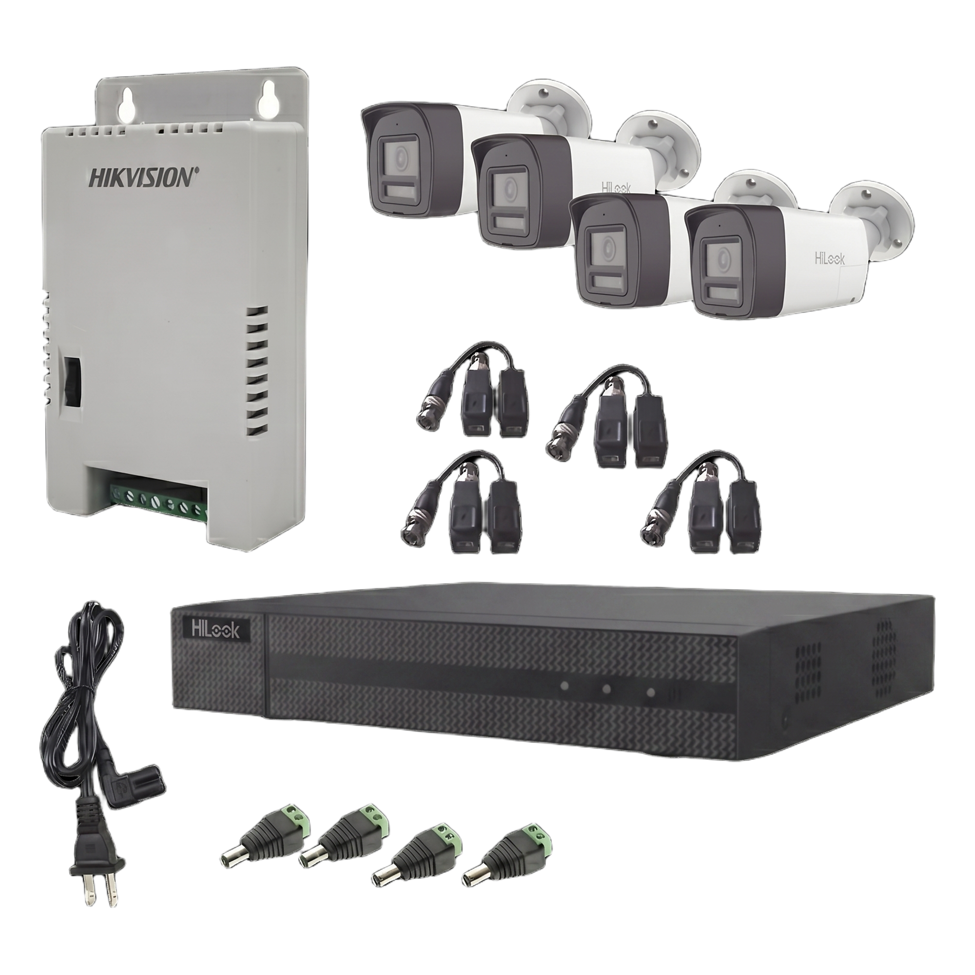 Kit HiLook Audio Bidireccional TurboHD 1080p / DVR Metalico 4 Canales / 4 Cámaras Bala (Exterior) con Bocina y Micrófono Integrado / 1 Fuente de Poder / Accesorios — HiLook by HIKVISION · SKU HL-2080P-4B-TWA