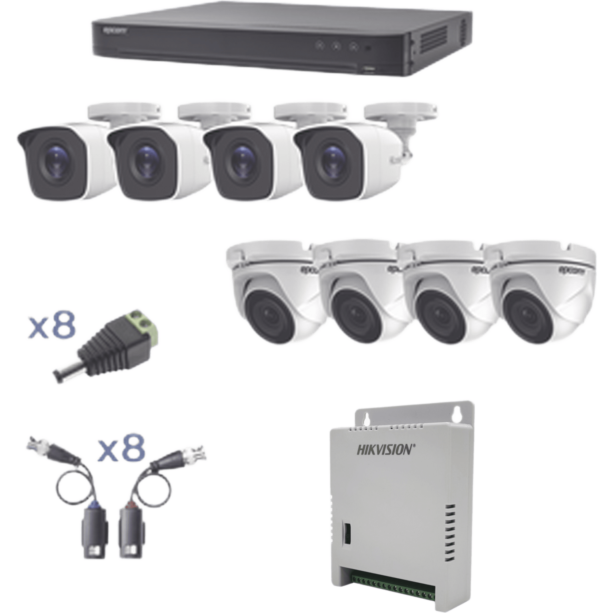 KIT TurboHD 1080p / DVR 8 Canales / 4 Cámaras Bala (exterior 2.8 mm) / 4 Cámaras Eyeball (exterior 2.8 mm) / Transceptores / Conectores / Fuente de Poder Profesional hasta 15 Vcc para Largas Distancias