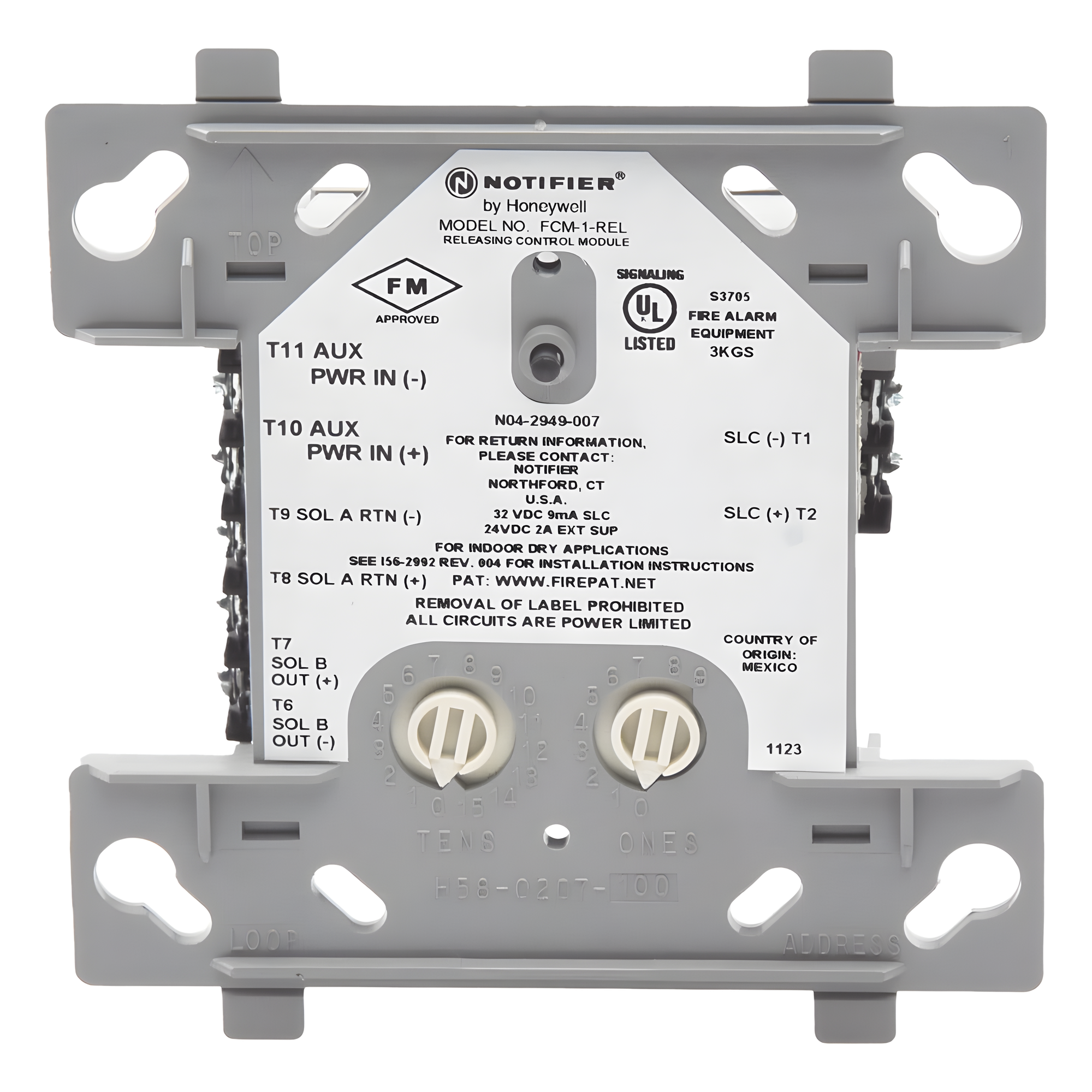 Módulo de Control de Descarga Direccionable / Protocolo Redundante / 24 VDC / Clase A o B / Supervisión de Solenoide — NOTIFIER · SKU FCM-1-REL