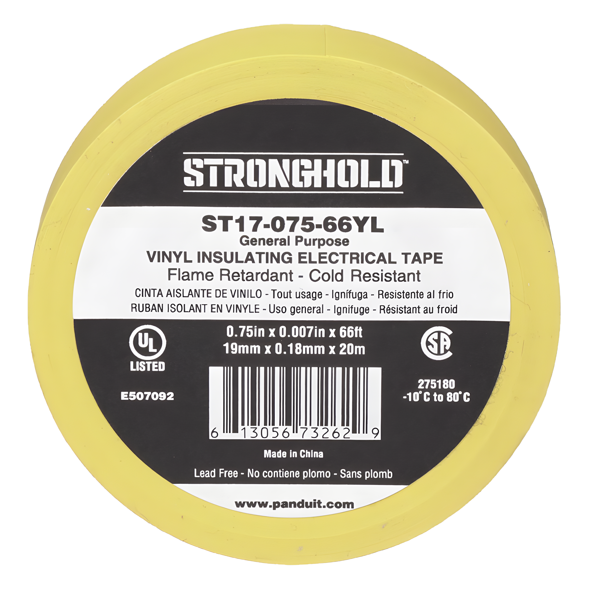 Cinta Eléctrica STRONGHOLD para Aislar, de PVC, Uso General Reparación y Mantenimiento, Grosor de 0.18mm (7 mil), Ancho de 19mm, y 20.12m de Largo, Color Amarillo — PANDUIT · SKU ST17-075-66YL