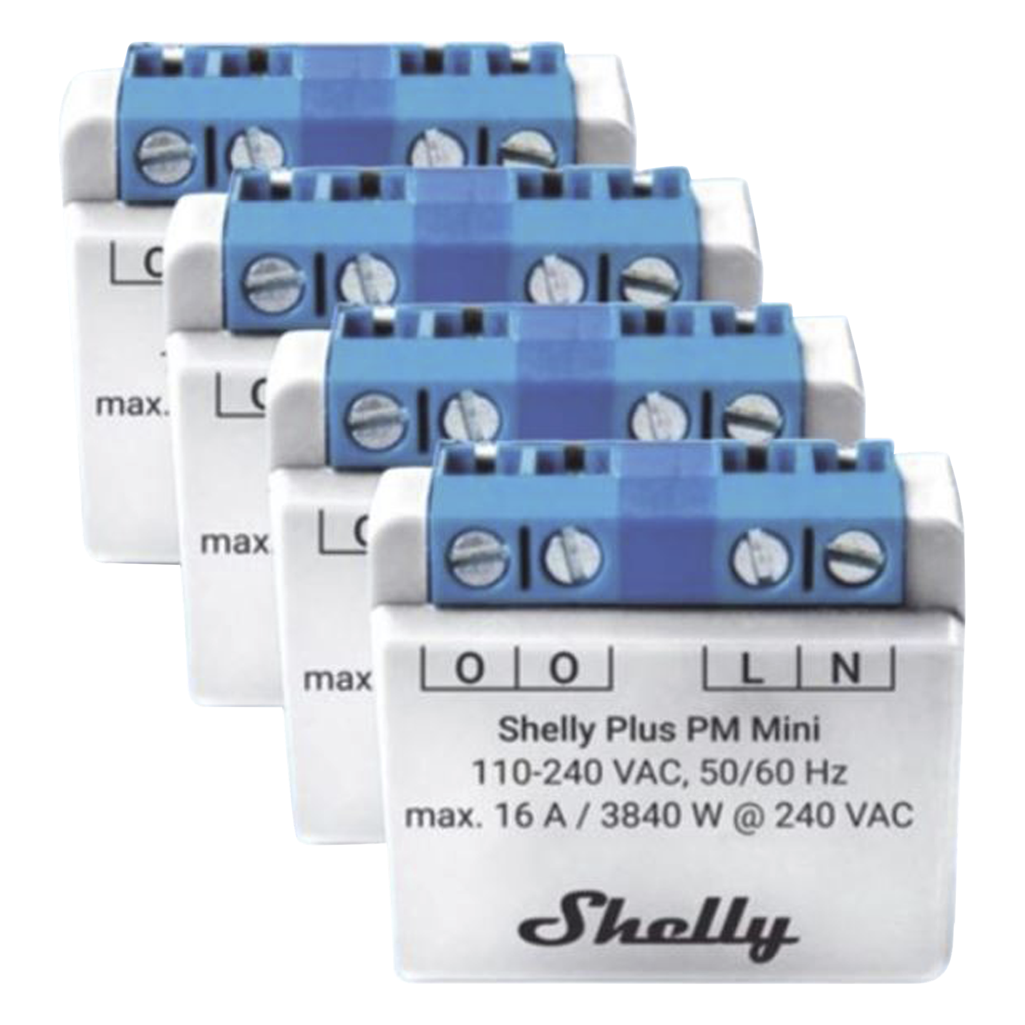 KIT 4 piezas El medidor de potencia más pequeño, inteligente con Wi-Fi, medición de consumo, 1 canal 16A, — SHELLY · SKU SHELLYPLUSPMMINIK4