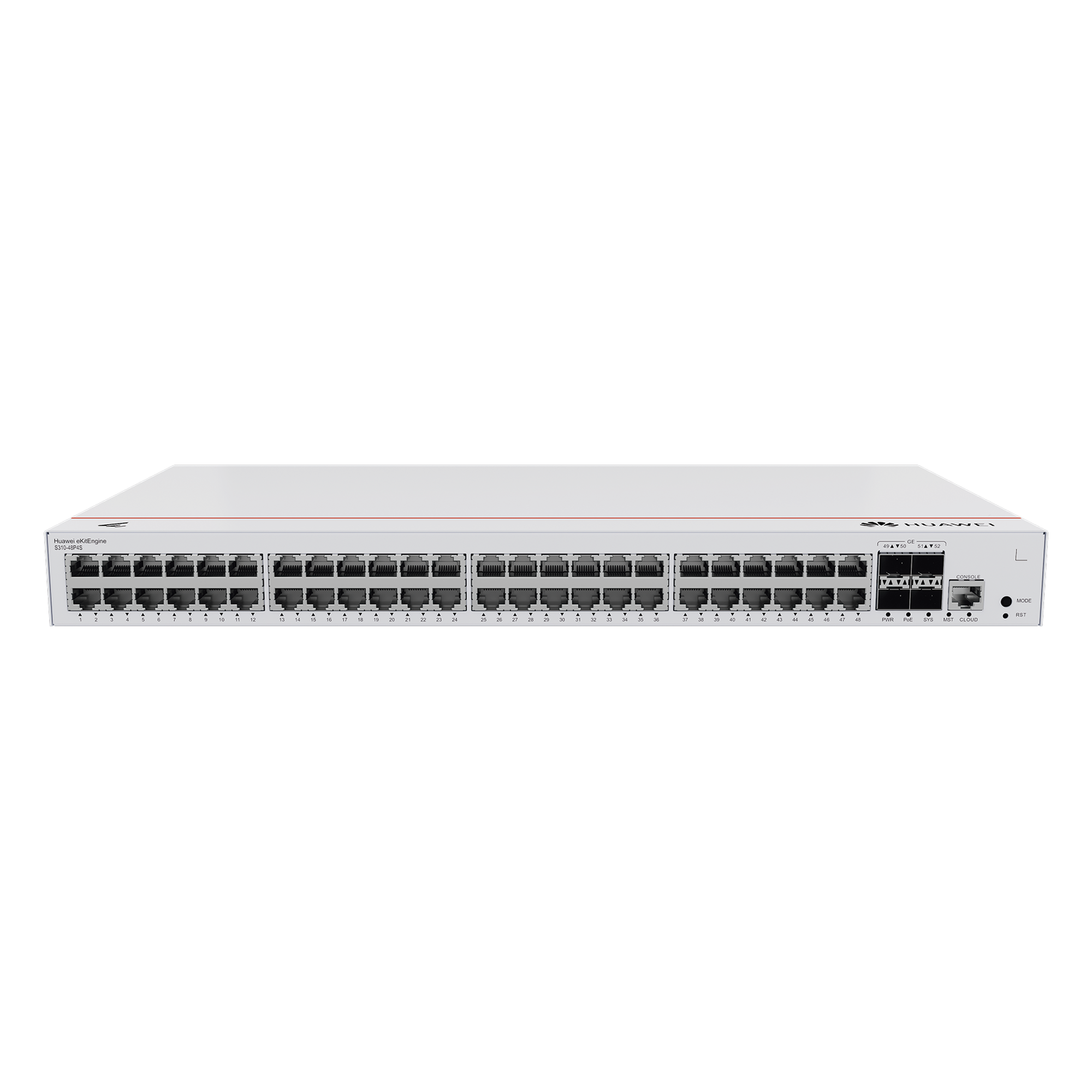 Switch de Distribución/Core Gigabit Administrable PoE Capa 3 / 48 puertos 10/100/1000 Mbps (PoE) / 4 Puertos 1GE SFP Uplink / ERPS / Rutas Estáticas / iStack / PoE Perpetuo / 380W / Administración Nube Gratis — HUAWEI · SKU S310-48P4S