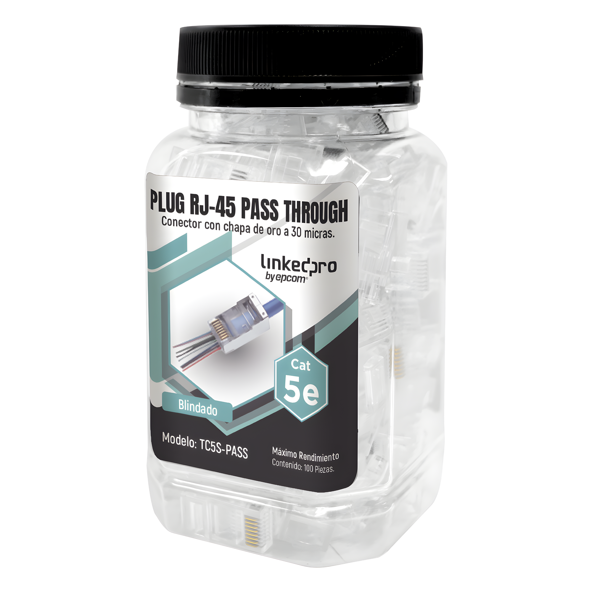 Bote con 100 Plugs Pass Through RJ45 Cat5e Blindado, Chapado de Oro a 30 Micras para Durabilidad Extrema — LINKEDPRO BY EPCOM · SKU TC5S-PASS
