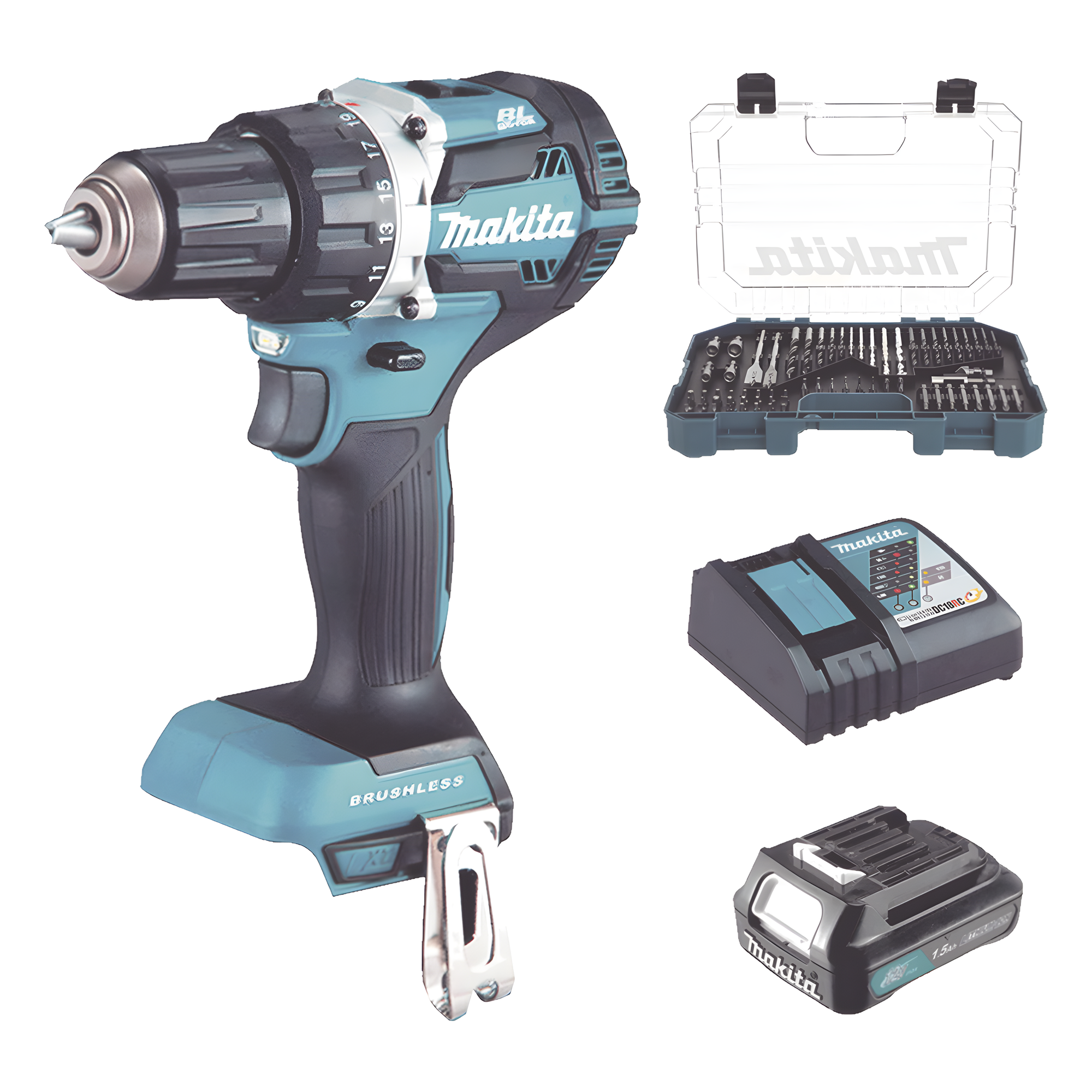 Rotomartillo/Taladro Inalámbrico (1/2") de 1,900 RPM, 18Vcc, Incluye 1 Batería BL1815N de 1.5Ah, 1 Cargador Modelo DC18SD y Un Set de 75 Pzas Modelo E-06943 — MAKITA · SKU DHP485SYX6