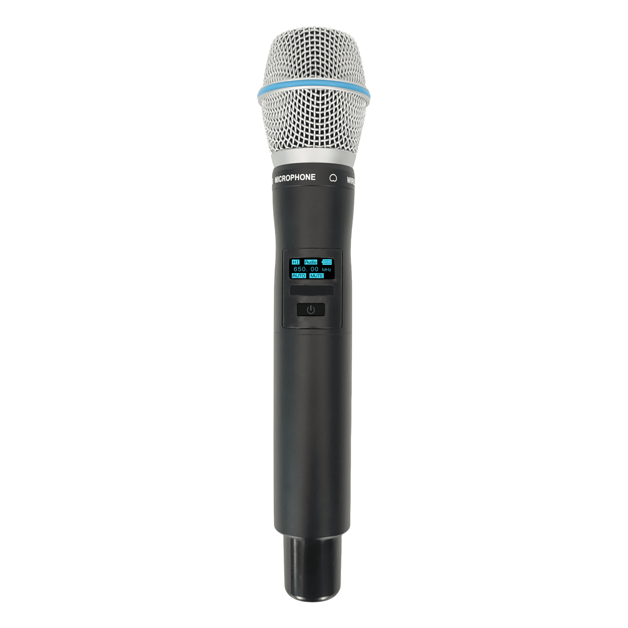 Micrófono Mano Inalámbrico EP-59H | Rango Frecuencia 470-510MHz, 540-590MHz, 640-690MHz, 807-830MHz | Potencia Salida ≥10dBm | Autonomía >10 Horas | Mute Automático por Caída | Display OLED | 7 Niveles Potencia Aju — EPCOM PROAUDIO · SKU EP-59H