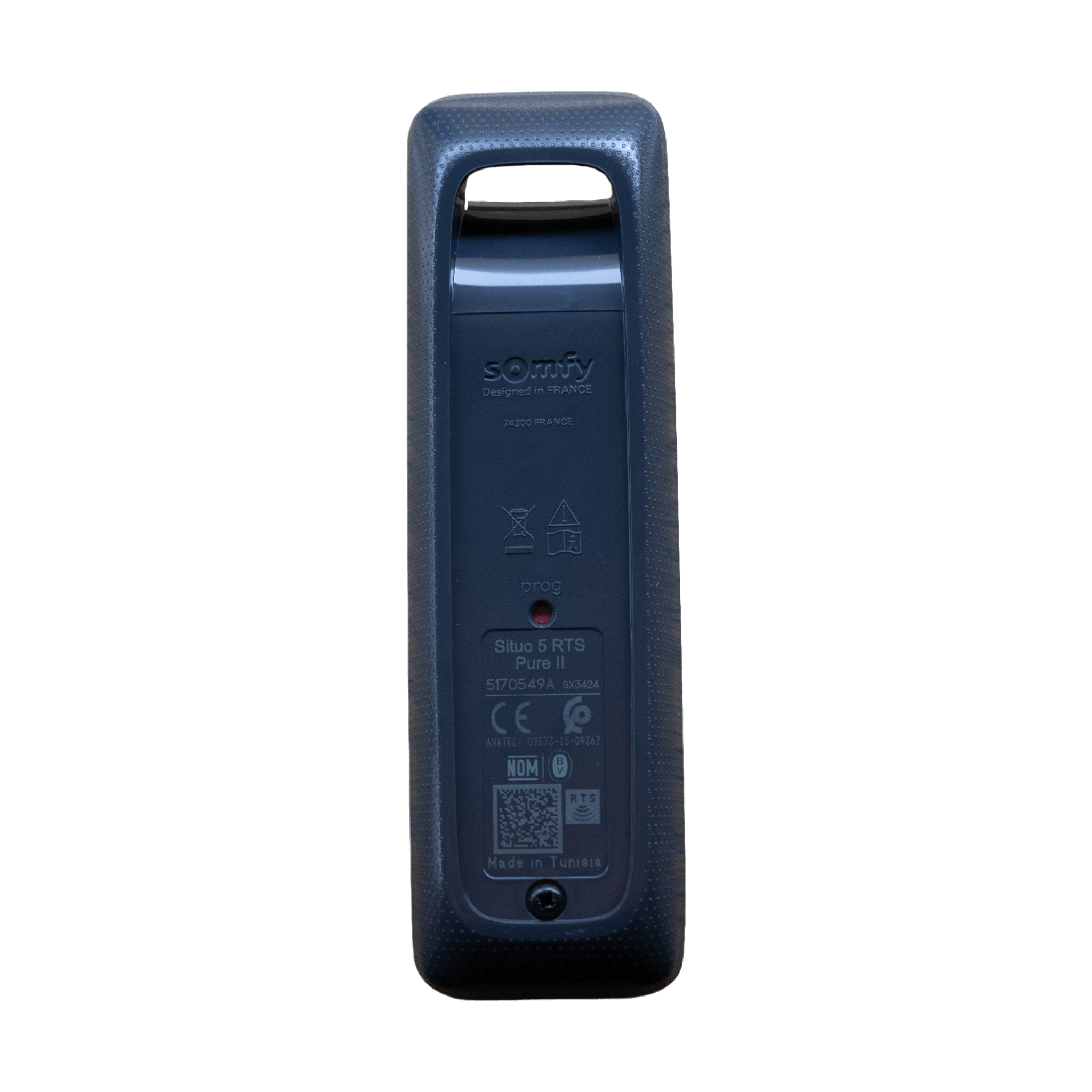 Control remoto 5 canales para motores de persiana Somfy con señal inalámbrica, instrucciones: sube, baja y detener, con posición favorita programada.