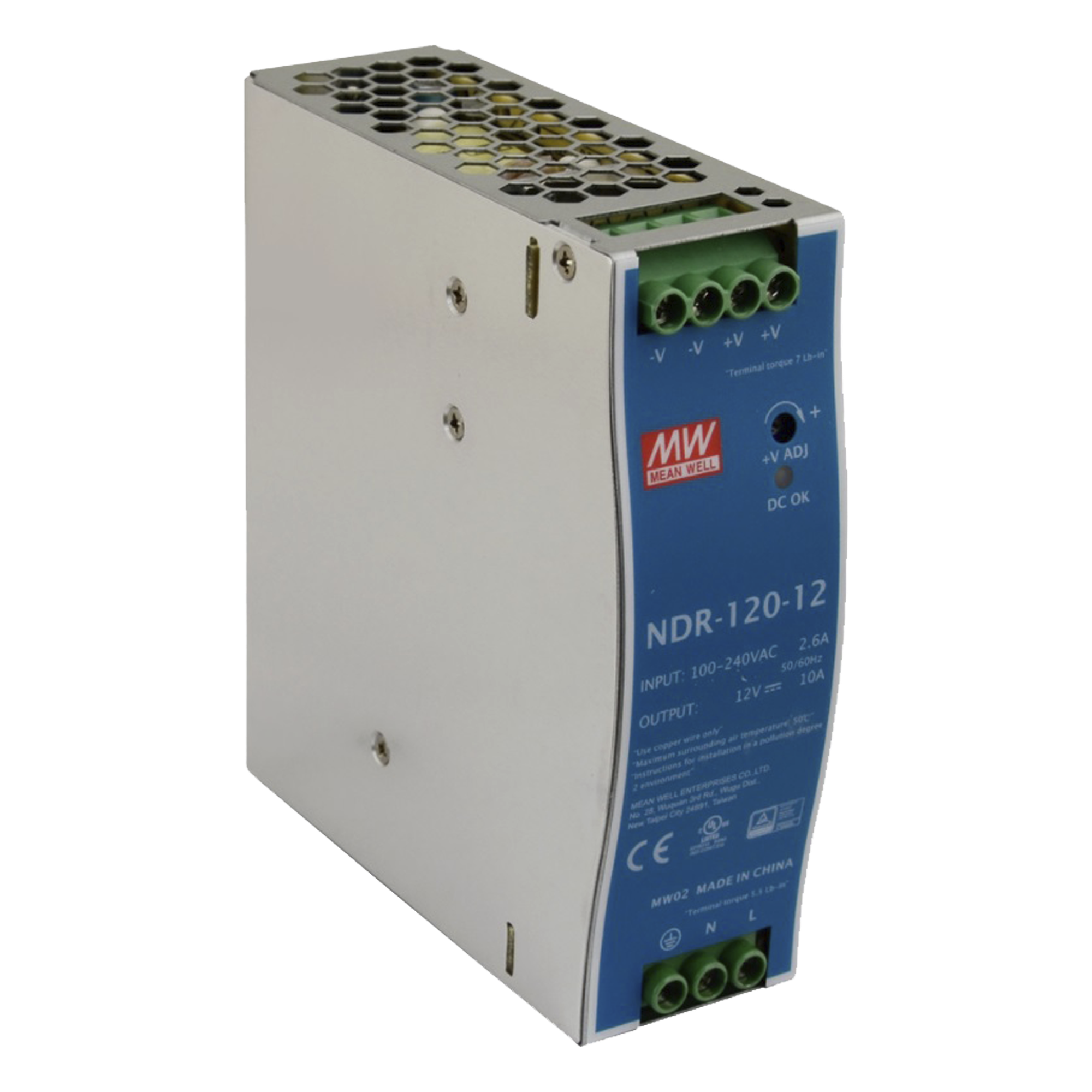 Fuente de poder industrial de 120 W, salida 12 Vcc, entrada 90~264 VCA, para montaje en riel DIN,  — MEANWELL · SKU NDR-120-12