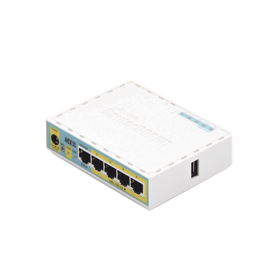(hEX PoE LITE) RouterBoard, 5 Puertos Fast Ethernet, 4 con PoE Pasivo, 1 Puerto USB