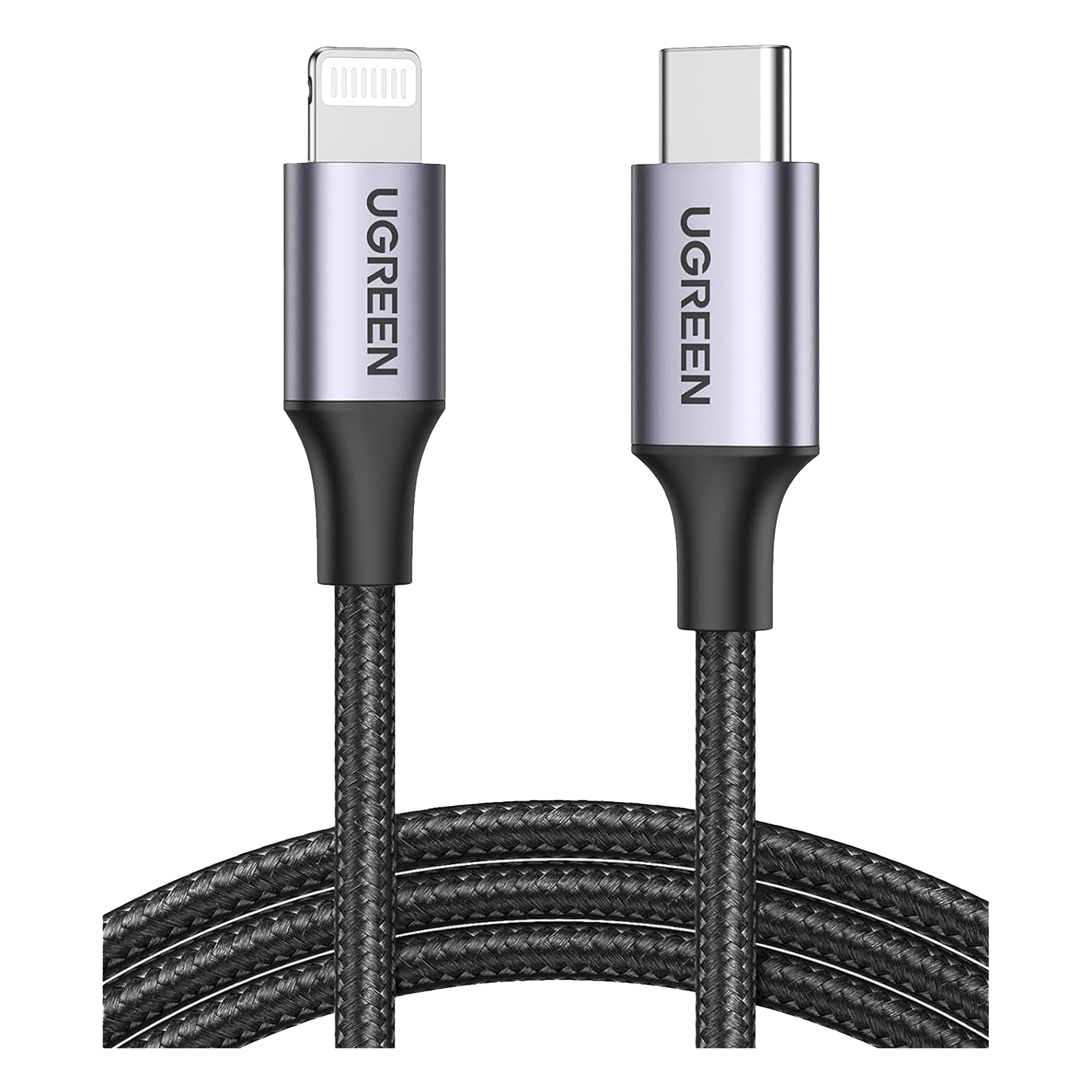 Cable USB-C a Lightning | 2 Metros (6.56 Pies) | Certificado MFi | Carga Rápida 60W | 480 Mbps | Conector C94 | Adecuado para iPhone, iPad y iPod | Protección Integrada | Caja de Aluminio | Nylon Trenzado | Color Negro — UGREEN · SKU 60761