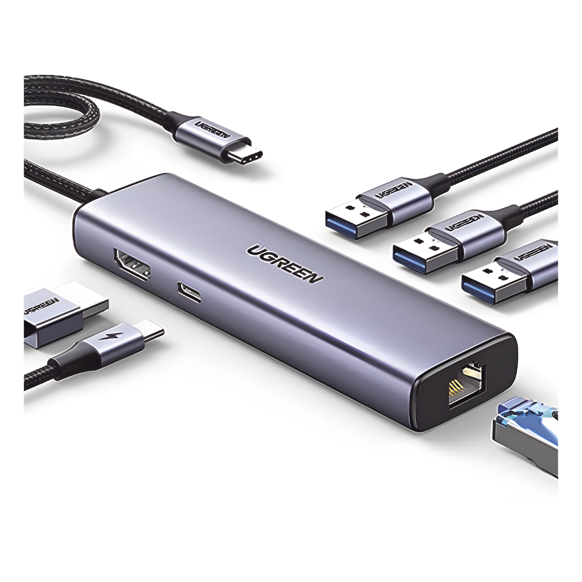 HUB USB-C (Docking Revodok) 6 en 1 | 3 Puertos USB-A 3.0 (5 Gbps) | USB-C PD 100W | HDMI 4K@30Hz | Entrada 1 RJ45 (Gigabit Ethernet) | Chip de Última Generación | Potente Disipación de Calor | Caja de Aluminio. — UGREEN · SKU 15598