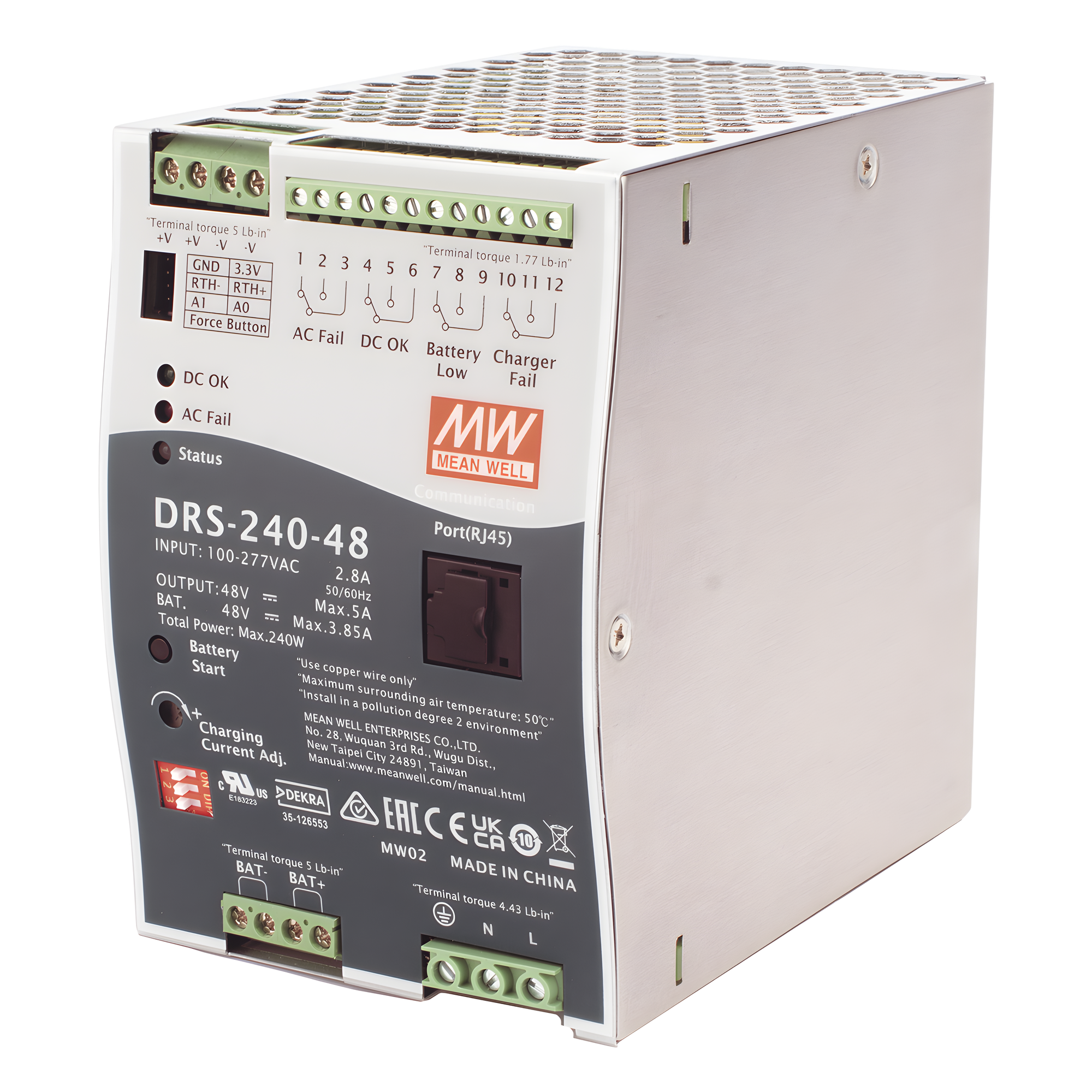 Fuente de Poder Industrial de 240W con Cargador de Baterías, salida 48Vcc, 5A, para montaje Riel Din — MEANWELL · SKU DRS24048