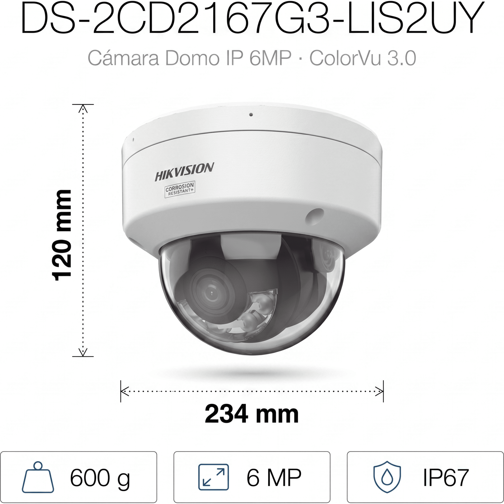 [Dual Light + ColorVu 3.0 + HikAI] Domo IP 6 Megapixel / Lente 2.8 mm / 30 mts IR + Luz Blanca / 2 Microfonos Integrados / Exterior IP67 / WDR 130 dB / ACUSENSE 3.0 / Metal / NEMA 4X / ACUSEEK