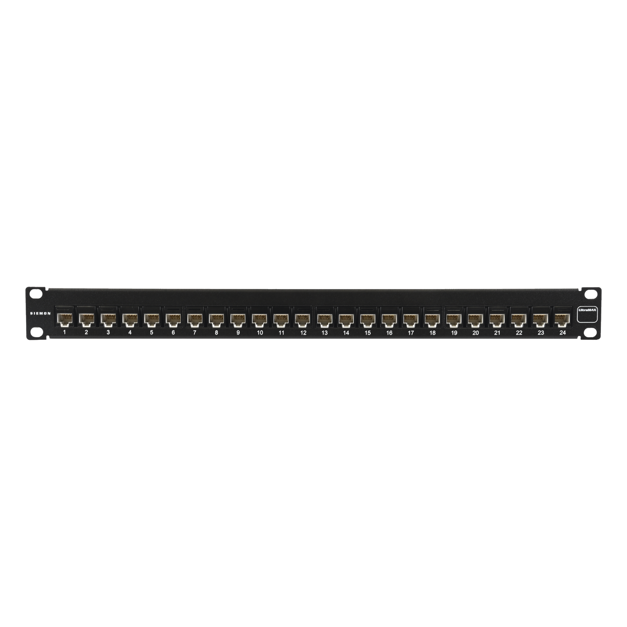Patch Panel Ultramax. UTP, Precargado con Jacks Cat6A, 24 Puertos, Plano, 1U — SIEMON · SKU UP6A-F1-24L-RS