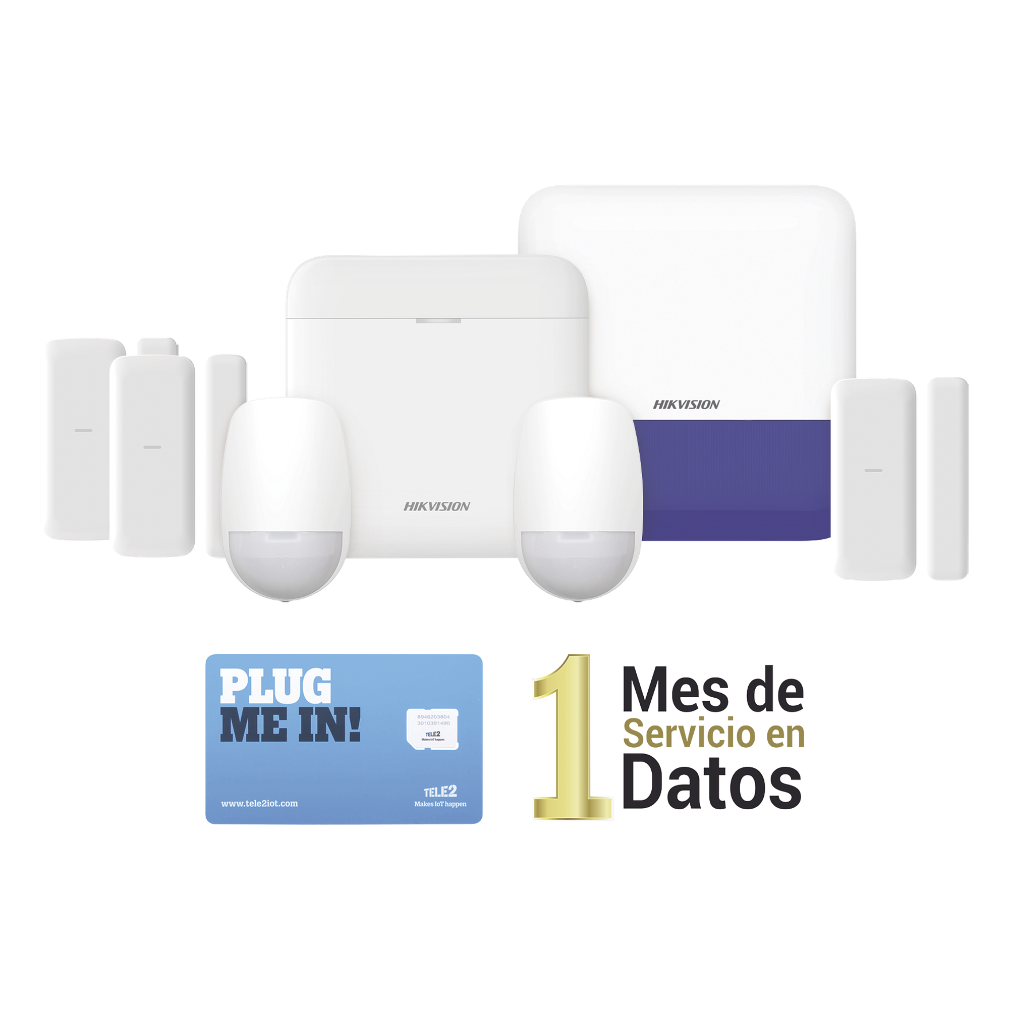 (AX PRO) KIT de Alarma AX PRO con GSM (3G/4G) / Incluye: 1 Hub / 2 Sensores PIR / 3 Contactos Magnéticos mini / 1 Control Remoto / 1 Sirena Inalambrica Exterior / 1 WiFi / 1 MICROSIM30M2M con 1 mes de servicio/Compatible con Hik-Connect P2P — HIKVISION · SKU DS-PWA48-KSDV2