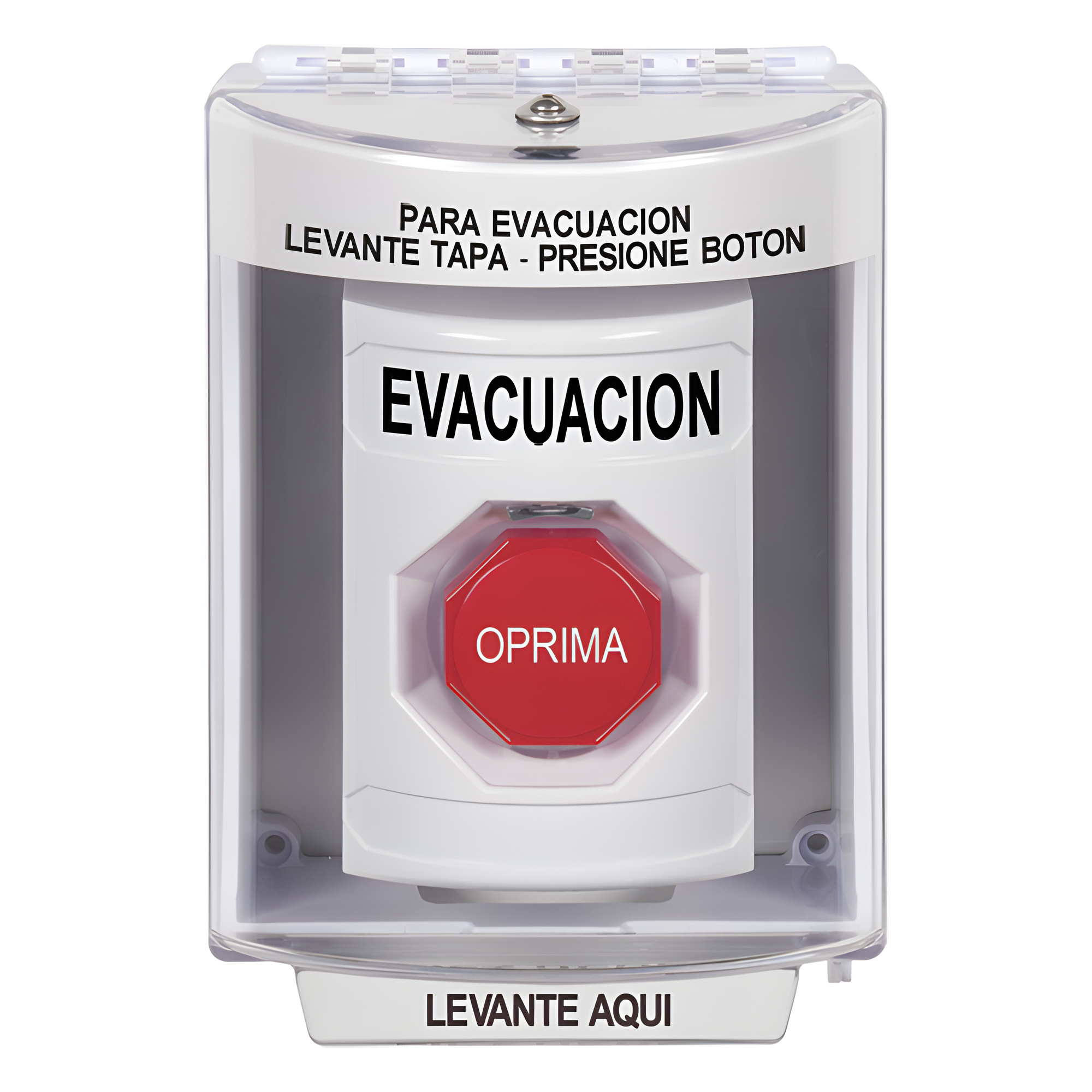 Botón de Evacuación, Cubierta de Policarbonato Súper Resistente de Superficie con Espaciador, Restablecimiento con Llave, Con Bocina de Advertencia — STI · SKU SS2382EV-ES
