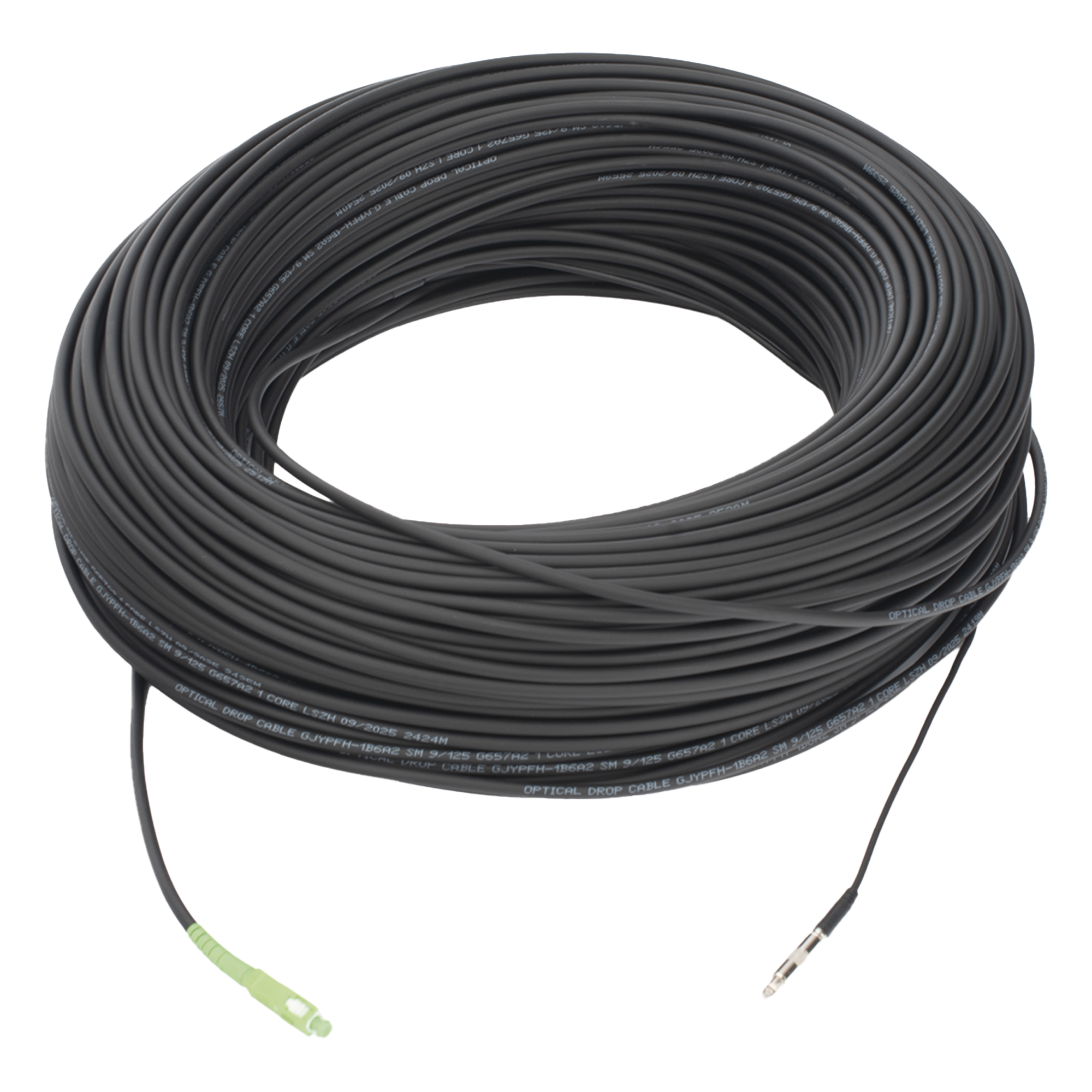 Rollo de Fibra Óptica Drop Redonda G657A2 Monomodo Simplex de 150 Metros (492.13 Pies) con Conectores SC/APC-SC/APC para Instalaciones Aéreas, Subterráneas o a la Intemperie — LINKEDPRO BY EPCOM · SKU LP-150-SCA