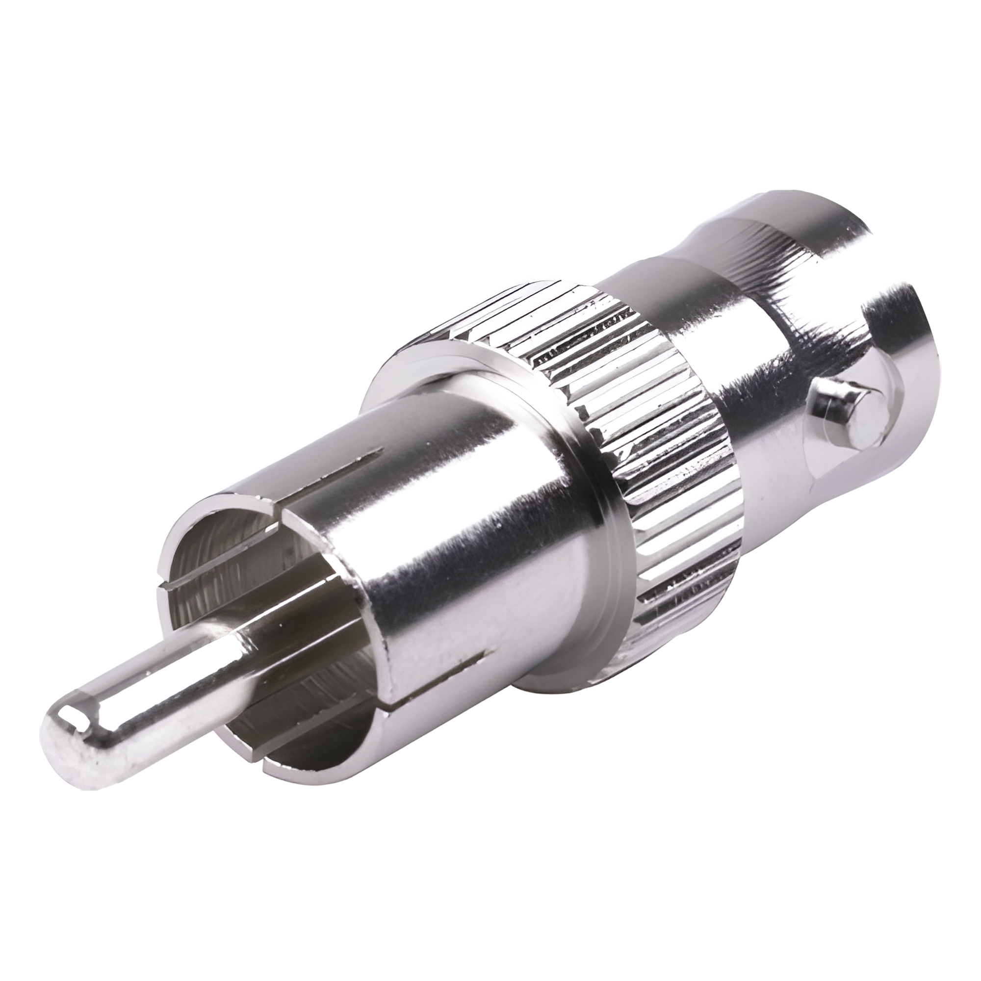 Adaptador de BNC Hembra a RCA Macho en 50 Ohm para Fono, uso en Aplicaciones de Audio-Video, Níquel/ Plata/ Delrin. — RF INDUSTRIES,LTD · SKU RFB-1140