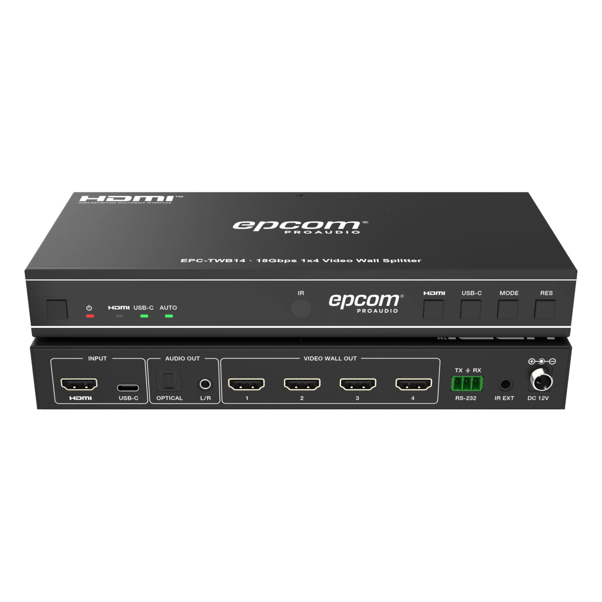 Videowall 4K 1x4 | HDMI & USB-C | 8 Modos de Visualización | Audio Óptico/Analógico | Control RS-232/IR | Plug & Play — EPCOM PROAUDIO · SKU EPC-TWB14